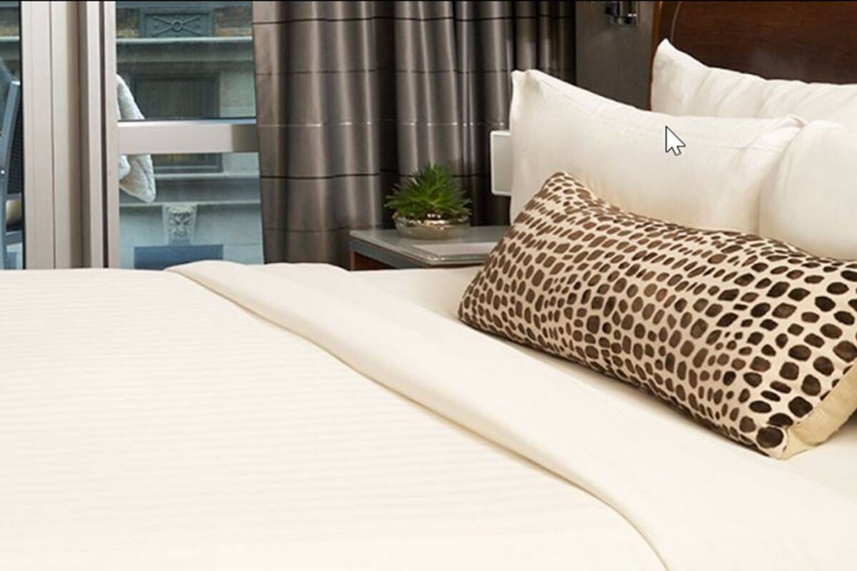 Habitación de hotel con cama, escritorio, silla, una mesita con un libro, una planta y vistas al exterior.