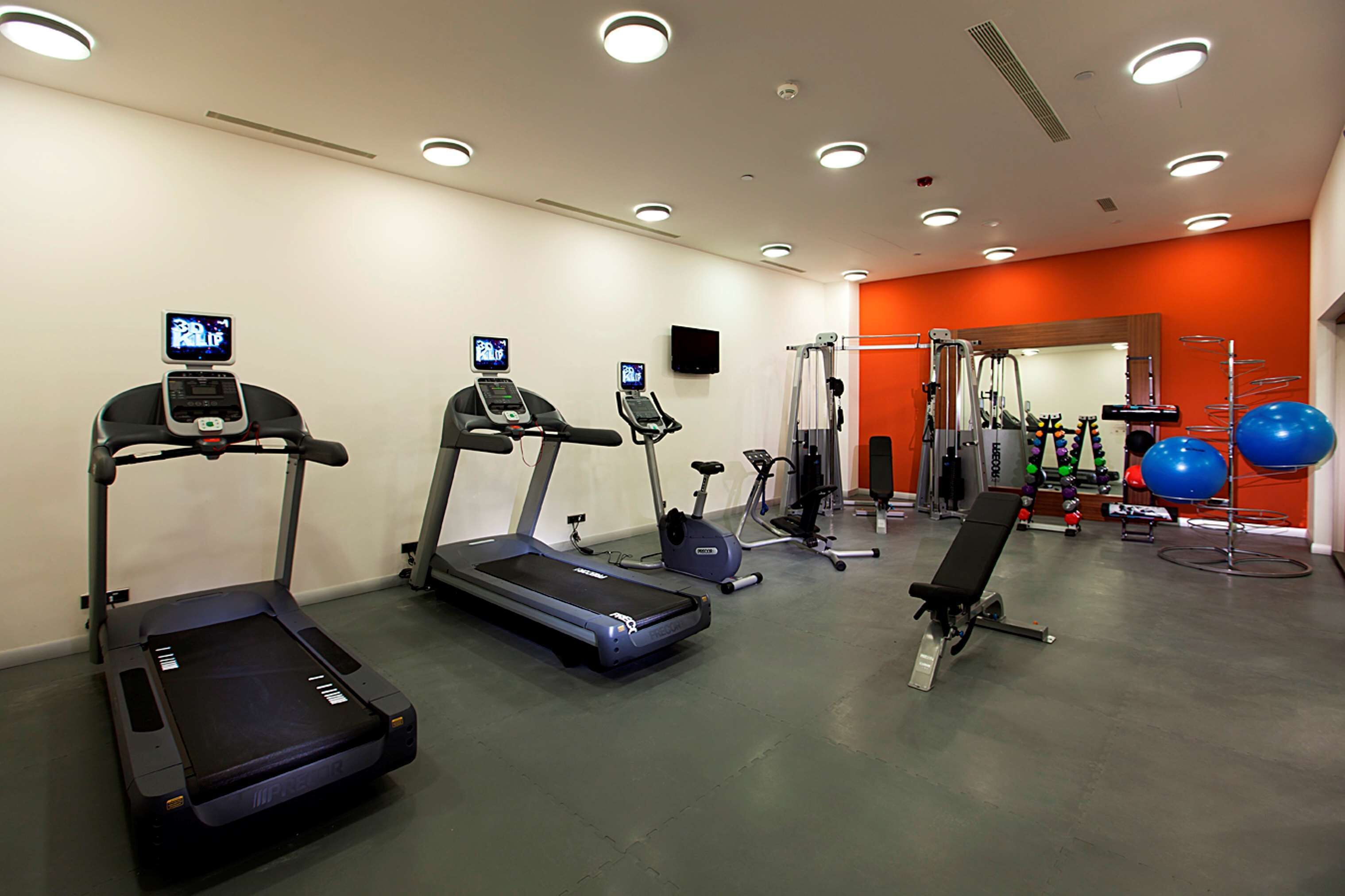 A gym with treadmills, an elliptical, a bench, and exercise balls.