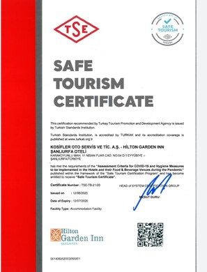 Certificado de turismo seguro para Hilton Garden Inn en Sanliurfa, Turquía.