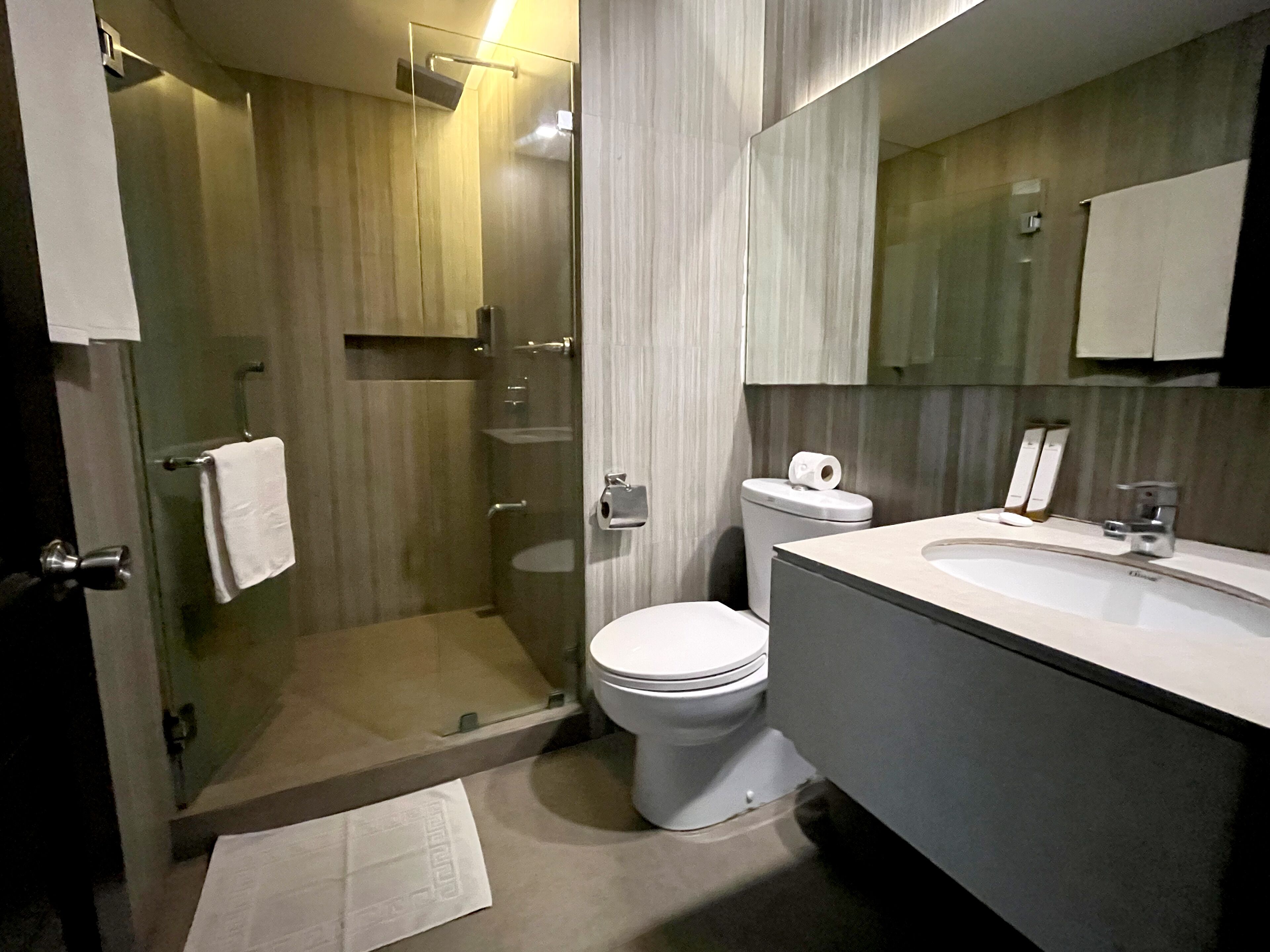 shower, free toiletries, slippers, bidet