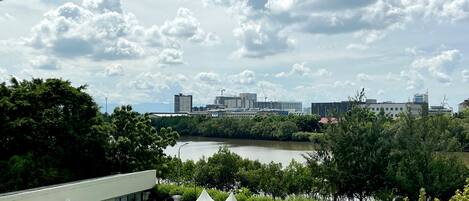A view of a river with buildings and trees in the background.