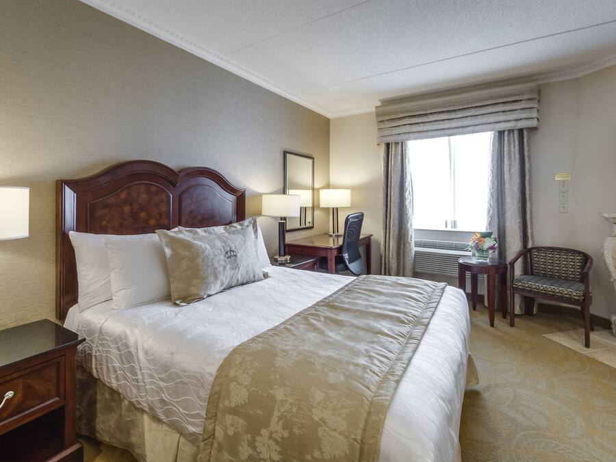 Habitación de hotel con una cama grande, un escritorio, una silla, un televisor y una chimenea.