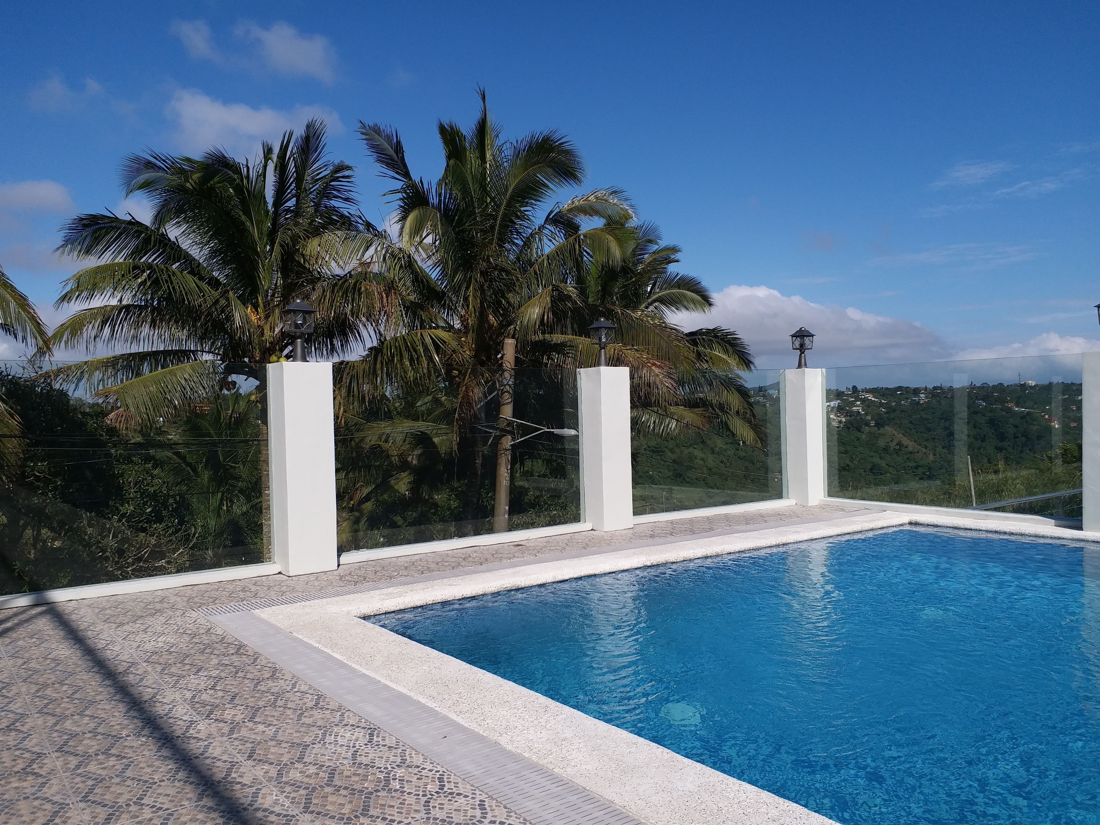 A rectangular pool with a tiled edge, surrounded by a white fence and palm trees.