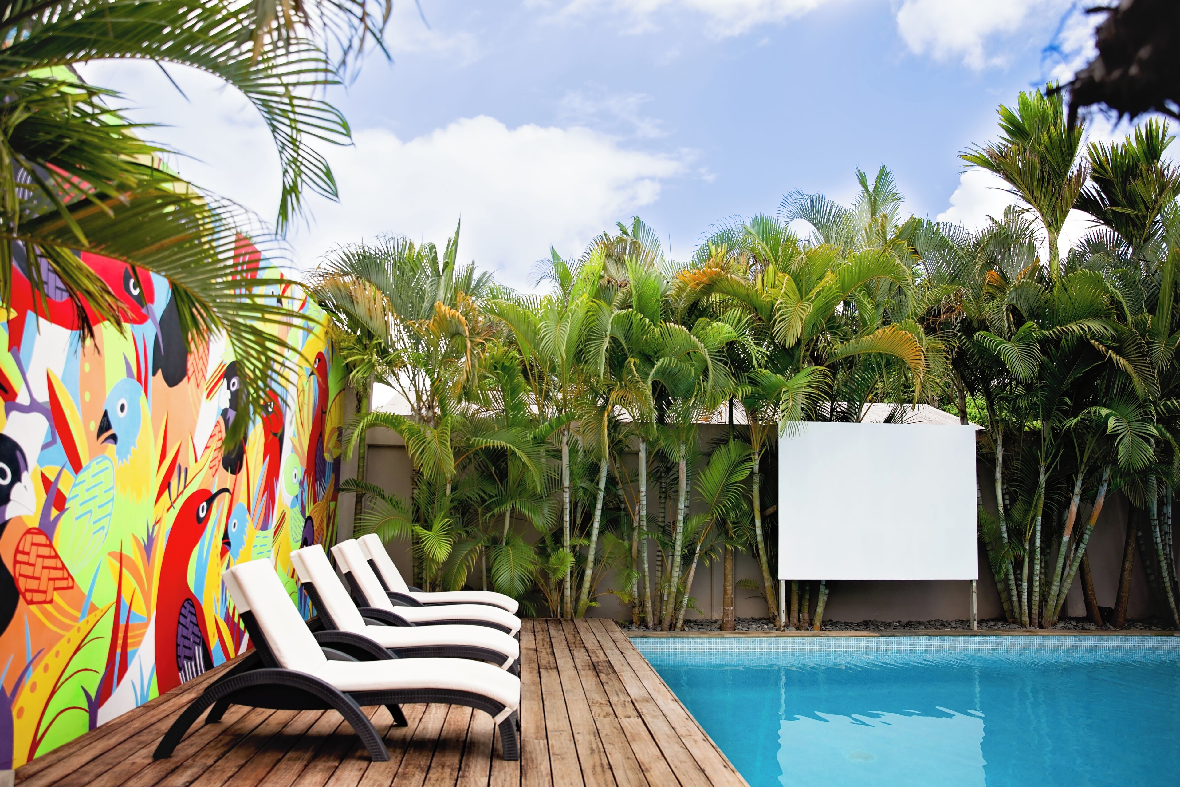 Zona de piscina con sillones de descanso y un mural colorido.