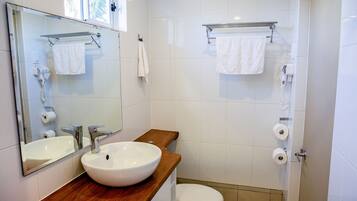 A modern bathroom with a wooden vanity, a white sink, a mirror, a toilet, and a shower area.