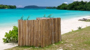 Een strandzicht met een helderblauwe lucht, turquoise water en een palmboom die over een houten hek buigt.