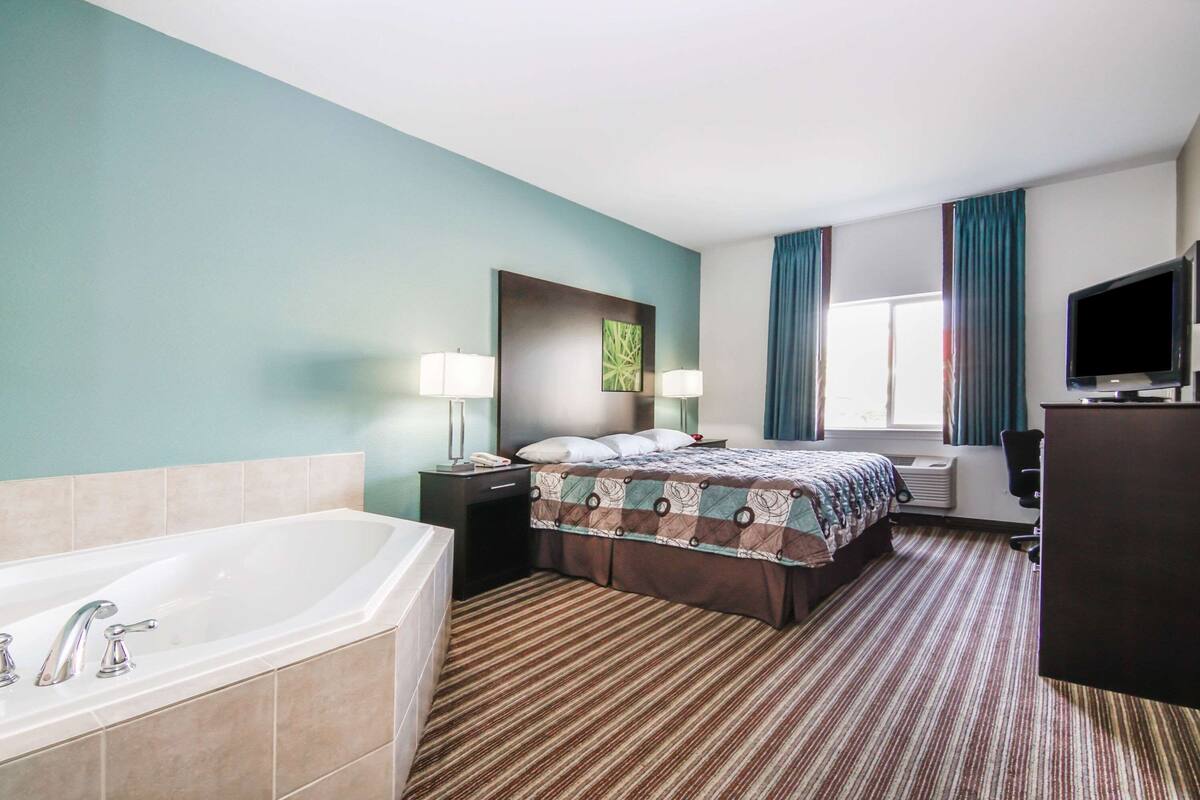 Desk, blackout drapes, soundproofing, iron/ironing board