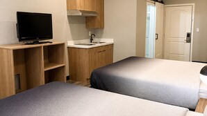 Habitación de hotel con dos camas, televisión, lavamanos y armario.