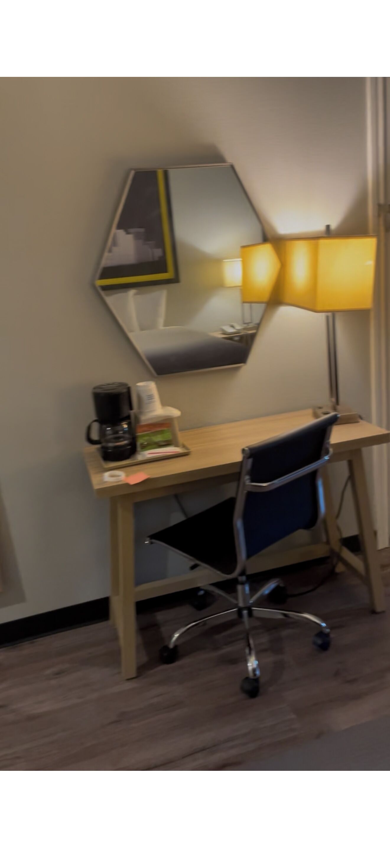 Desk, blackout drapes, soundproofing, iron/ironing board
