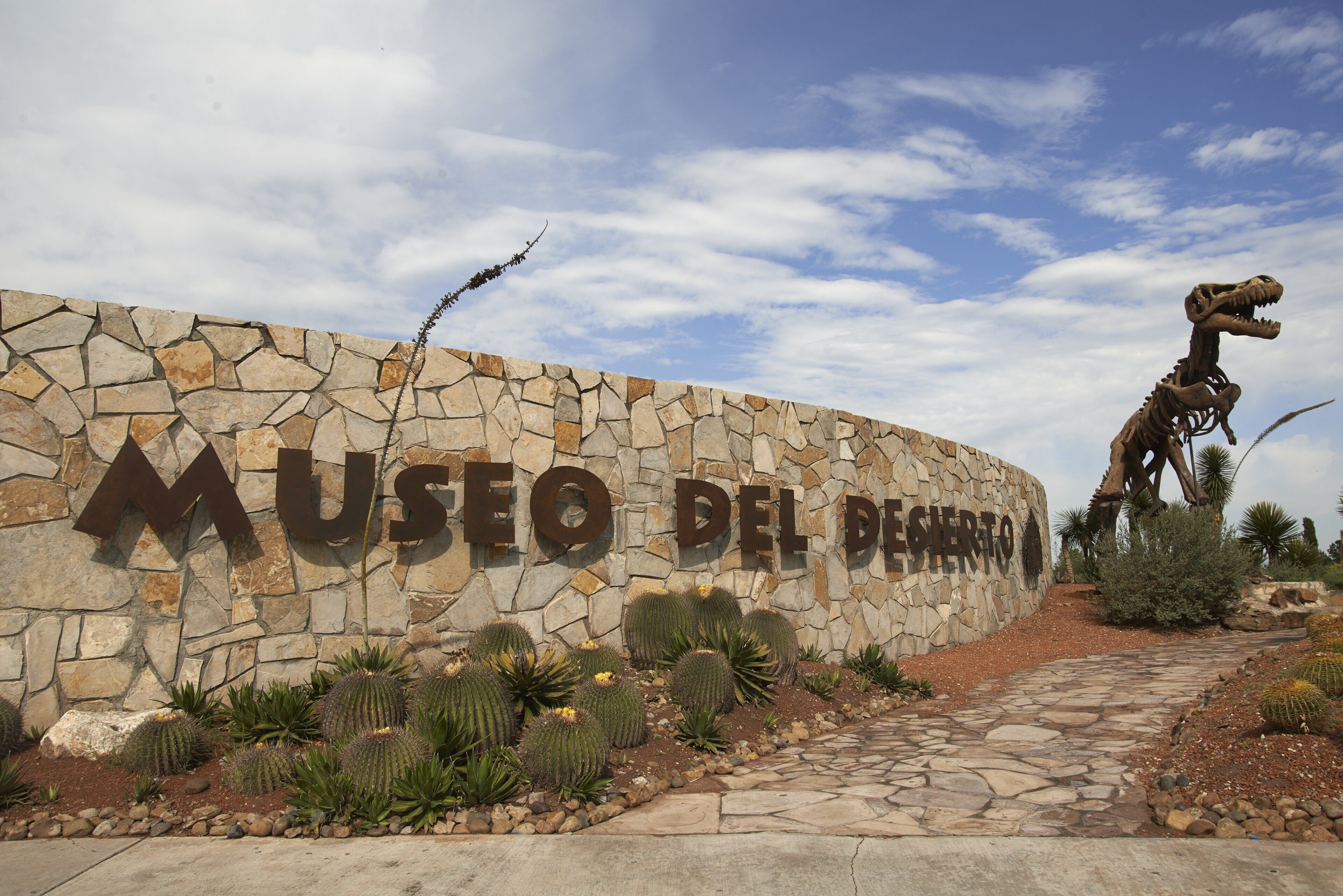 Un muro de piedra con el texto "Museo Del Pescado" y un jardín de cactus en primer plano.