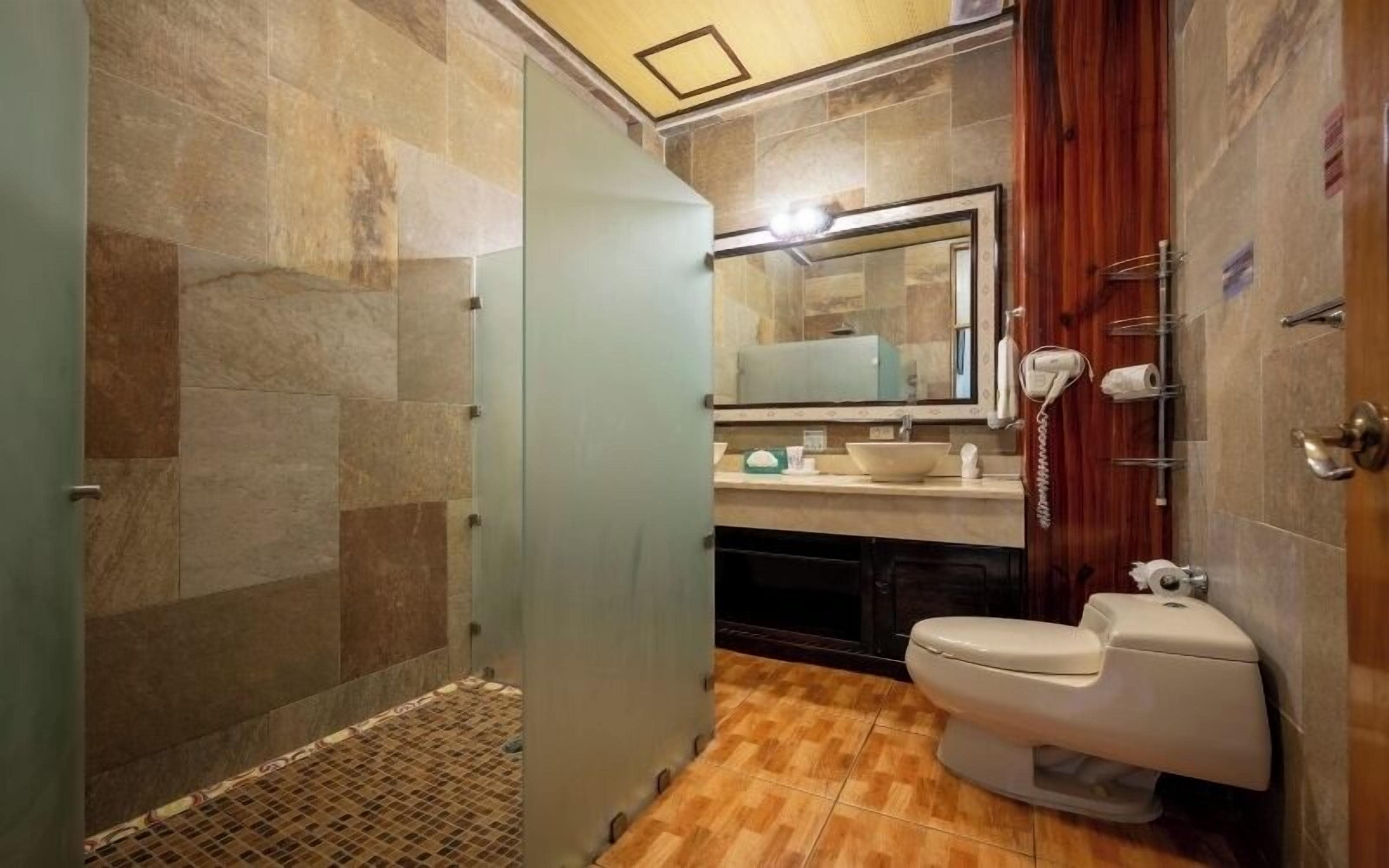 A bathroom with a shower, toilet, sink, and mirror.
