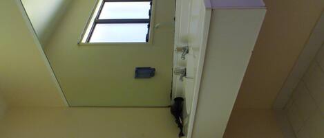 A room with a small window, a door, and a light switch on the wall.