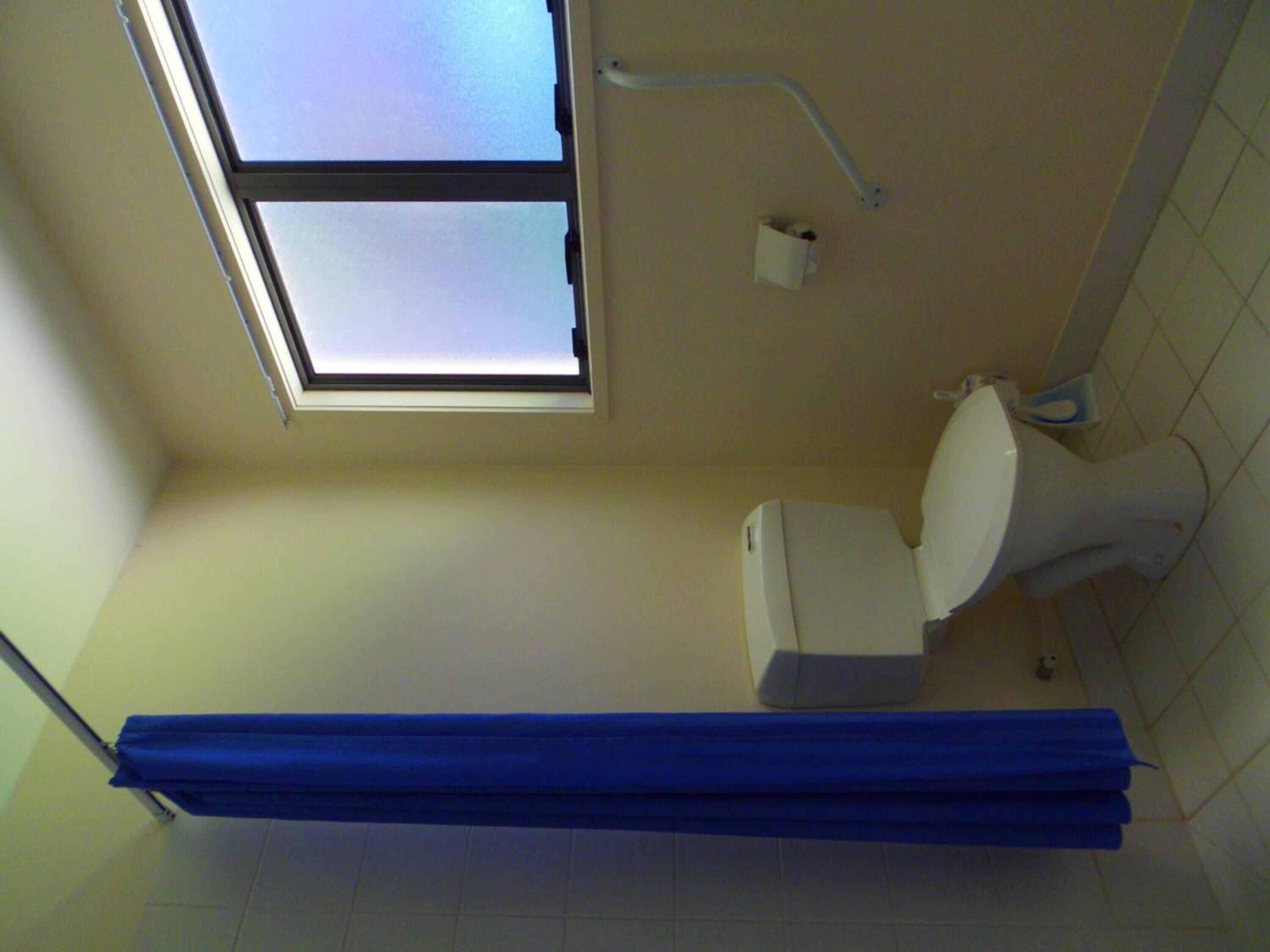A bathroom with a toilet, a window, and a blue shower curtain.