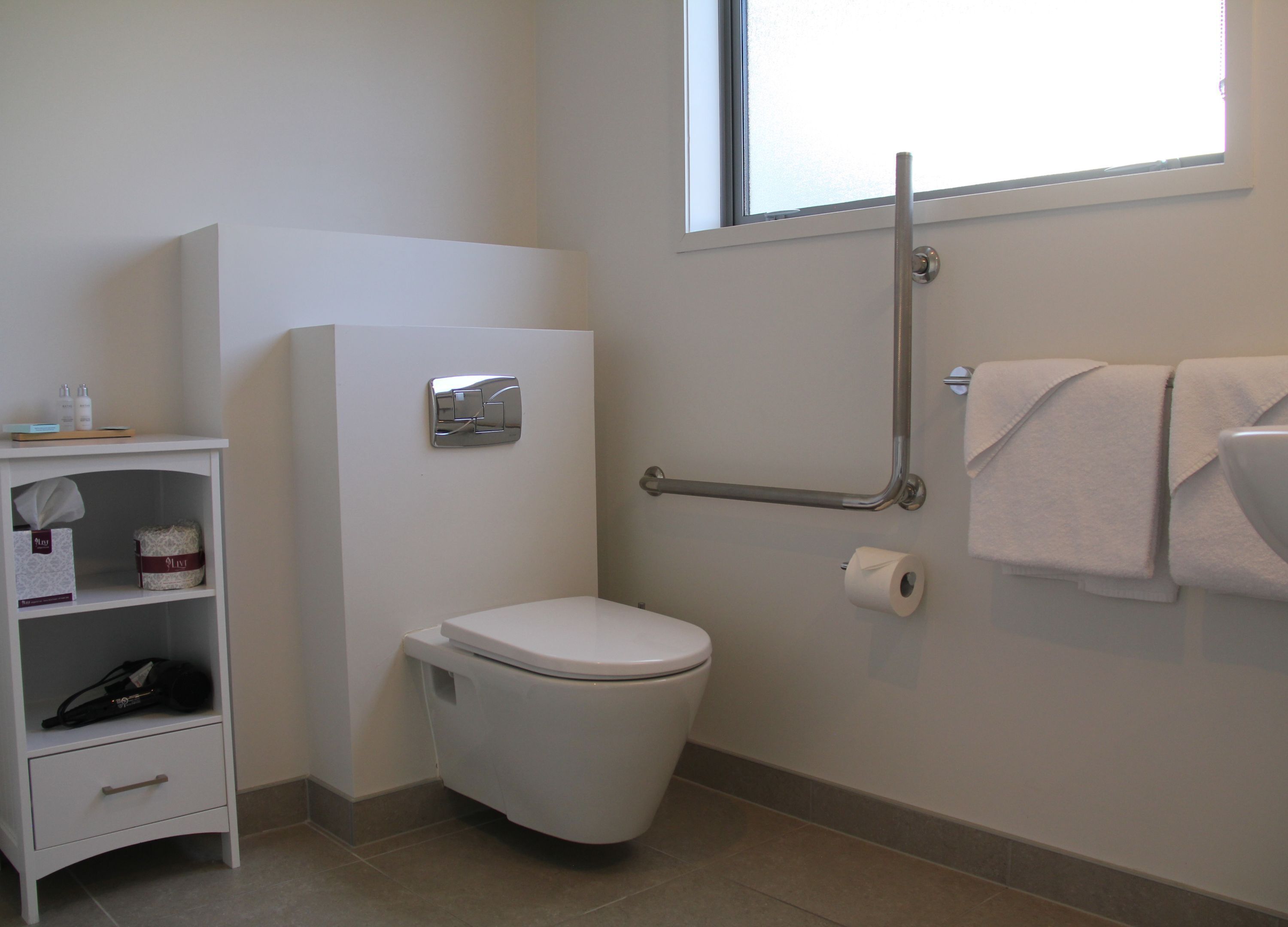 Ein Badezimmer mit Toilette, Ablage für Pflegeutensilien, Handtuchhalter und einem Fenster.