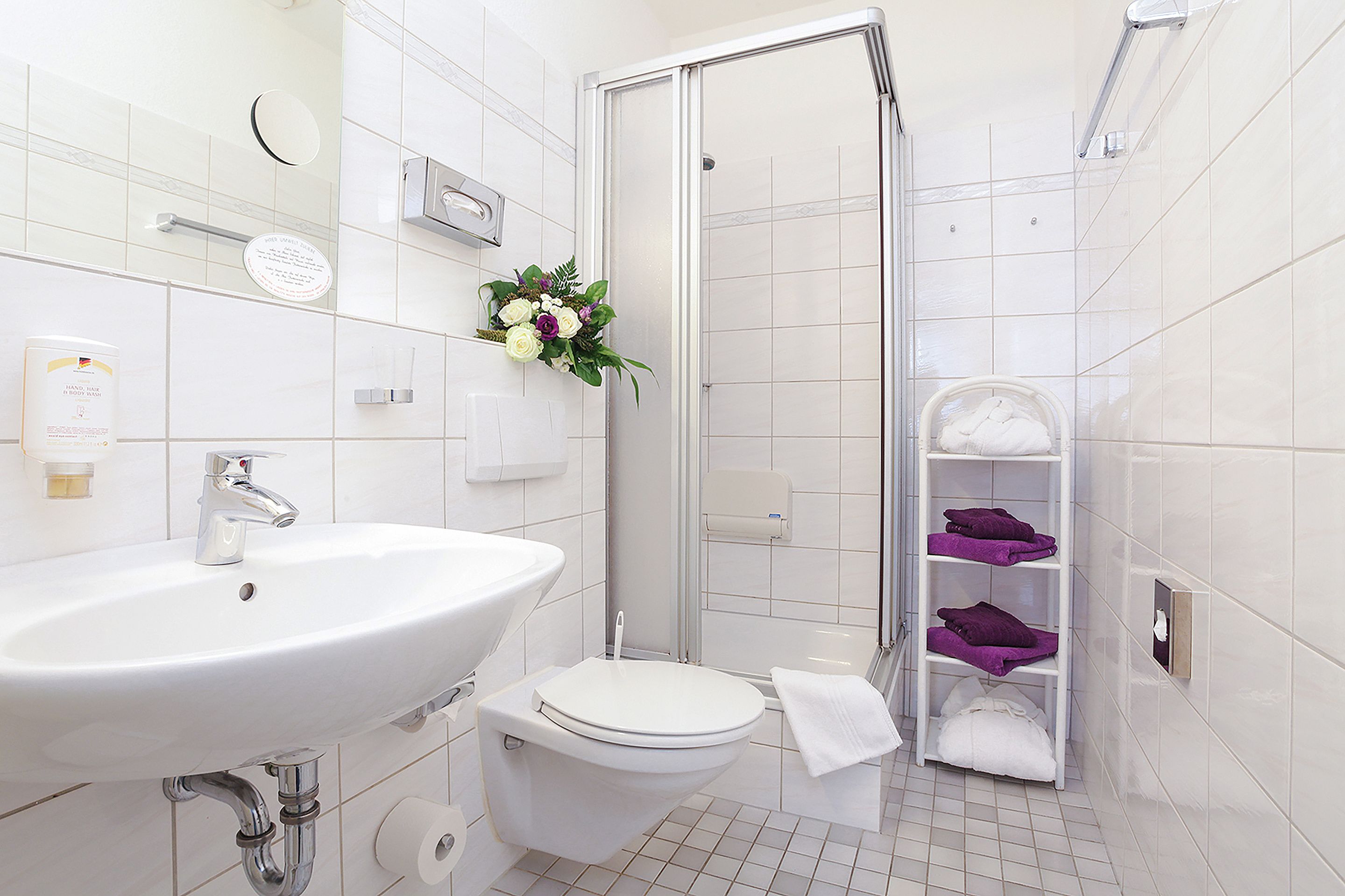 shower, free toiletries, hair dryer, towels