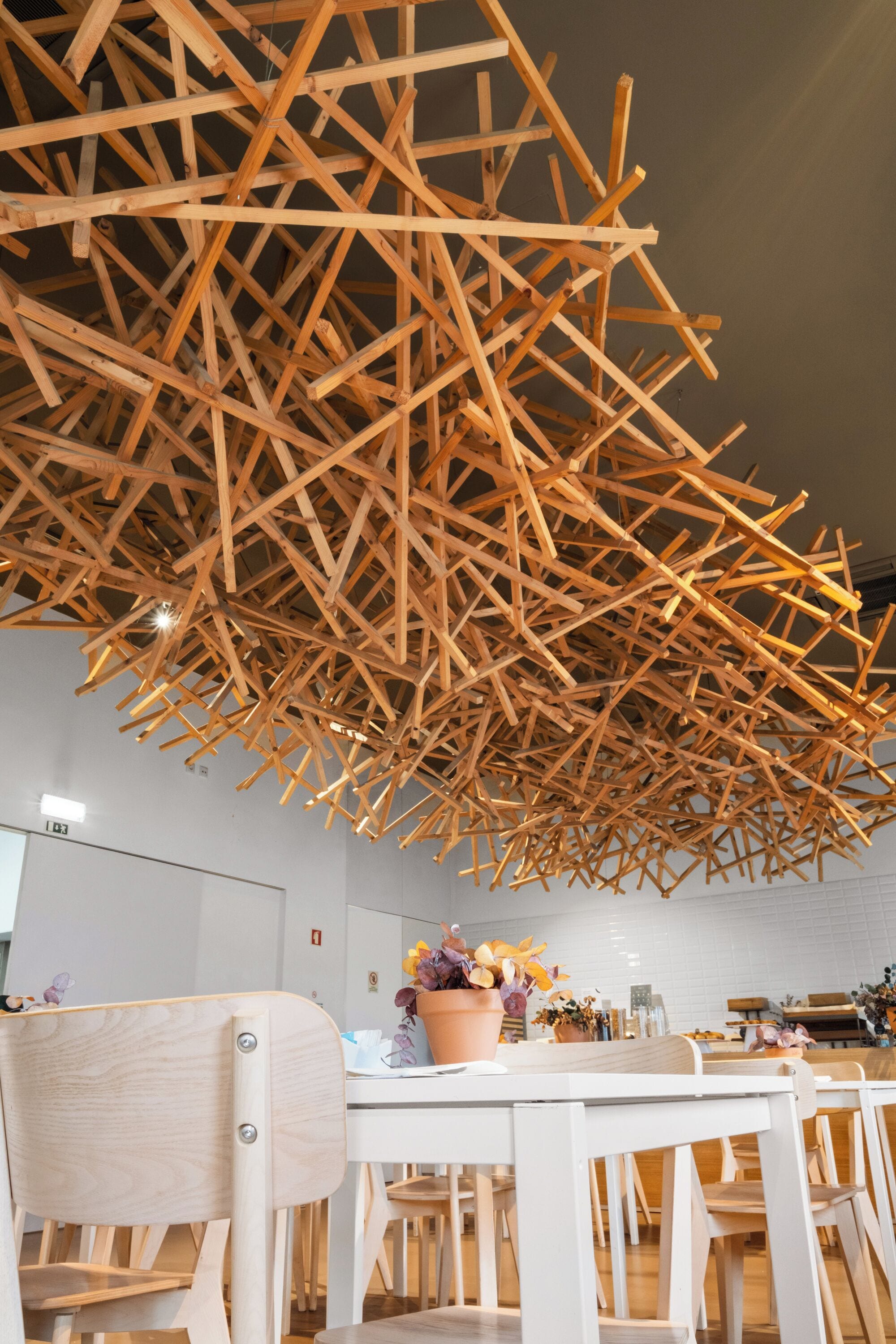 A dining area with wooden chairs and tables, a ceiling with wooden beams, and potted plants on the table.