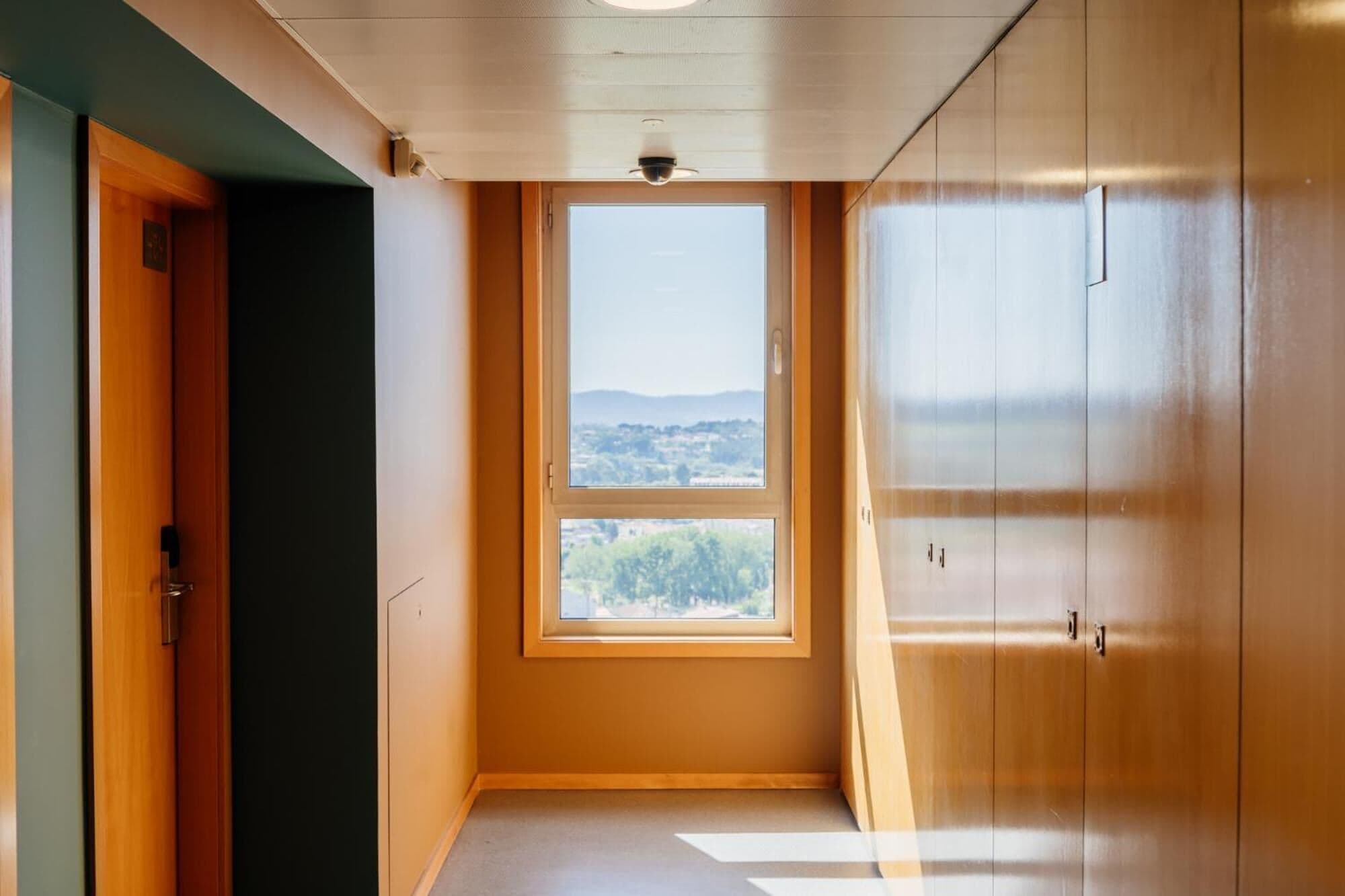 A hallway with a wooden door, a window with a view of a landscape, and a wooden wardrobe.