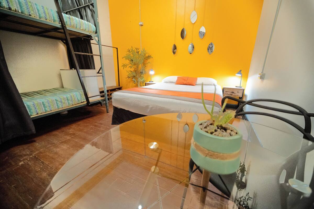 Quarto de hotel com beliches, uma mesa de vidro, um vaso com planta e uma cama com travesseiro laranja.