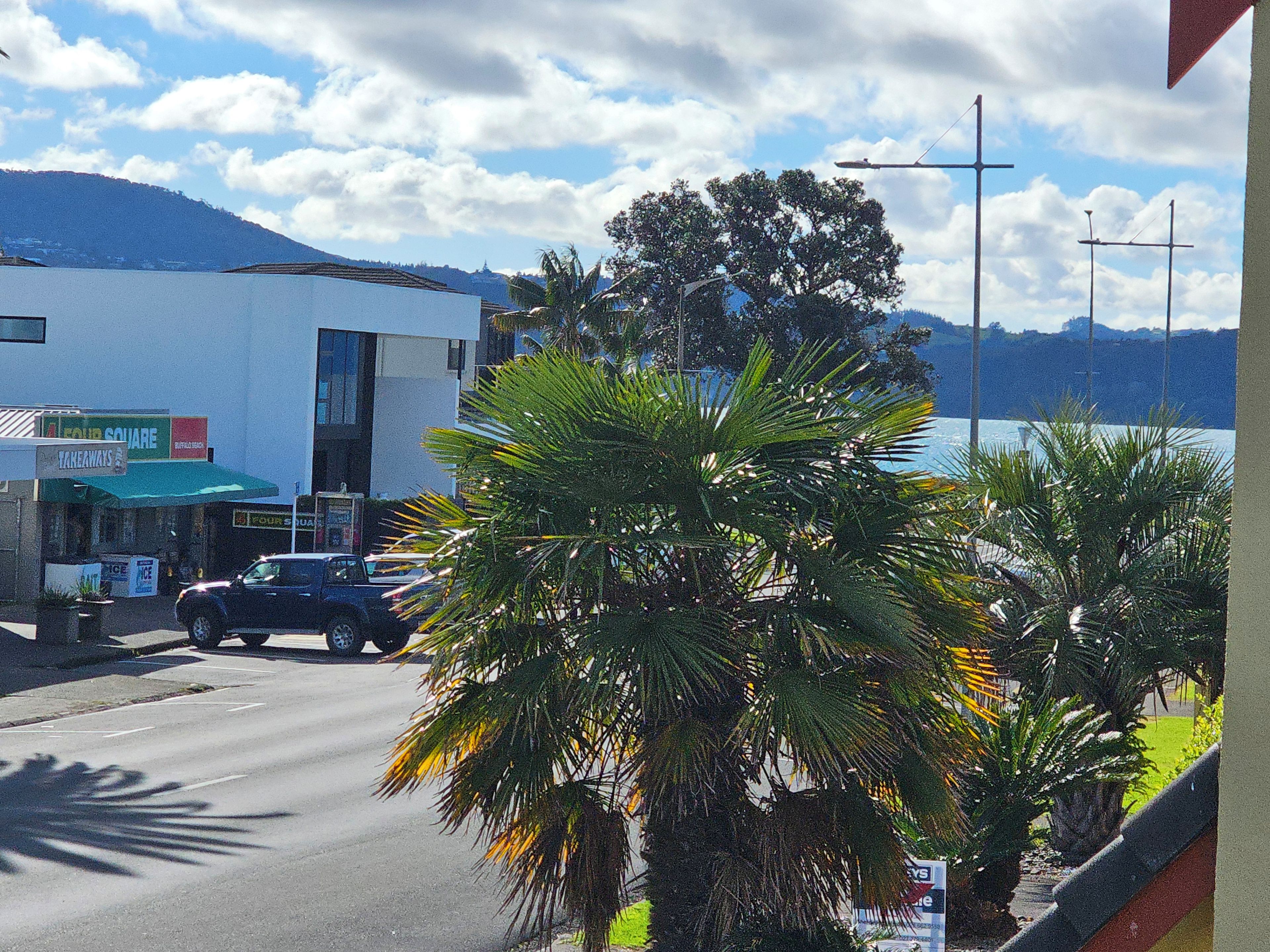 A street view with a building, parked cars, and palm trees.