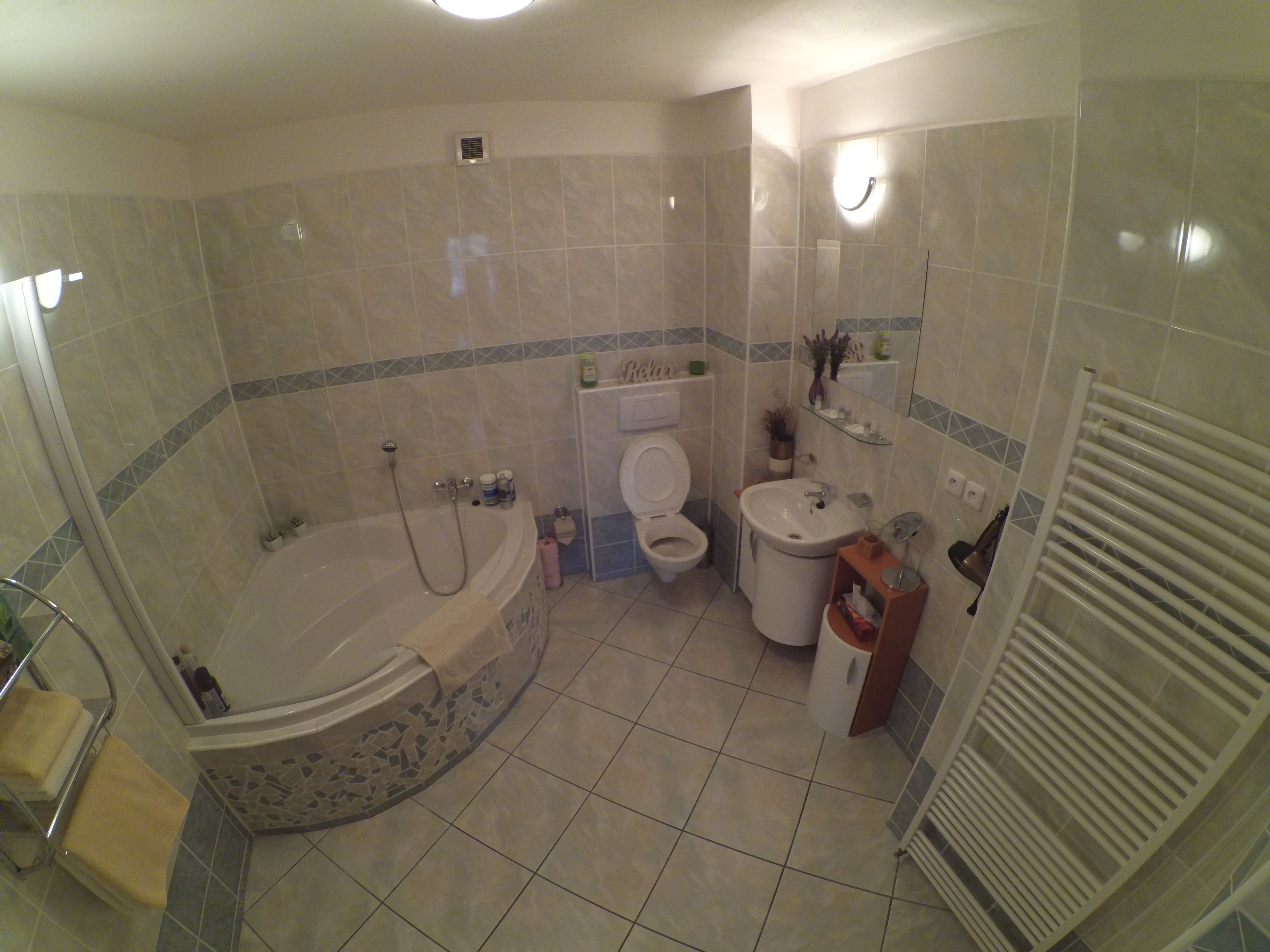 double room | bathroom | hair dryer, towels, soap, toilet paper