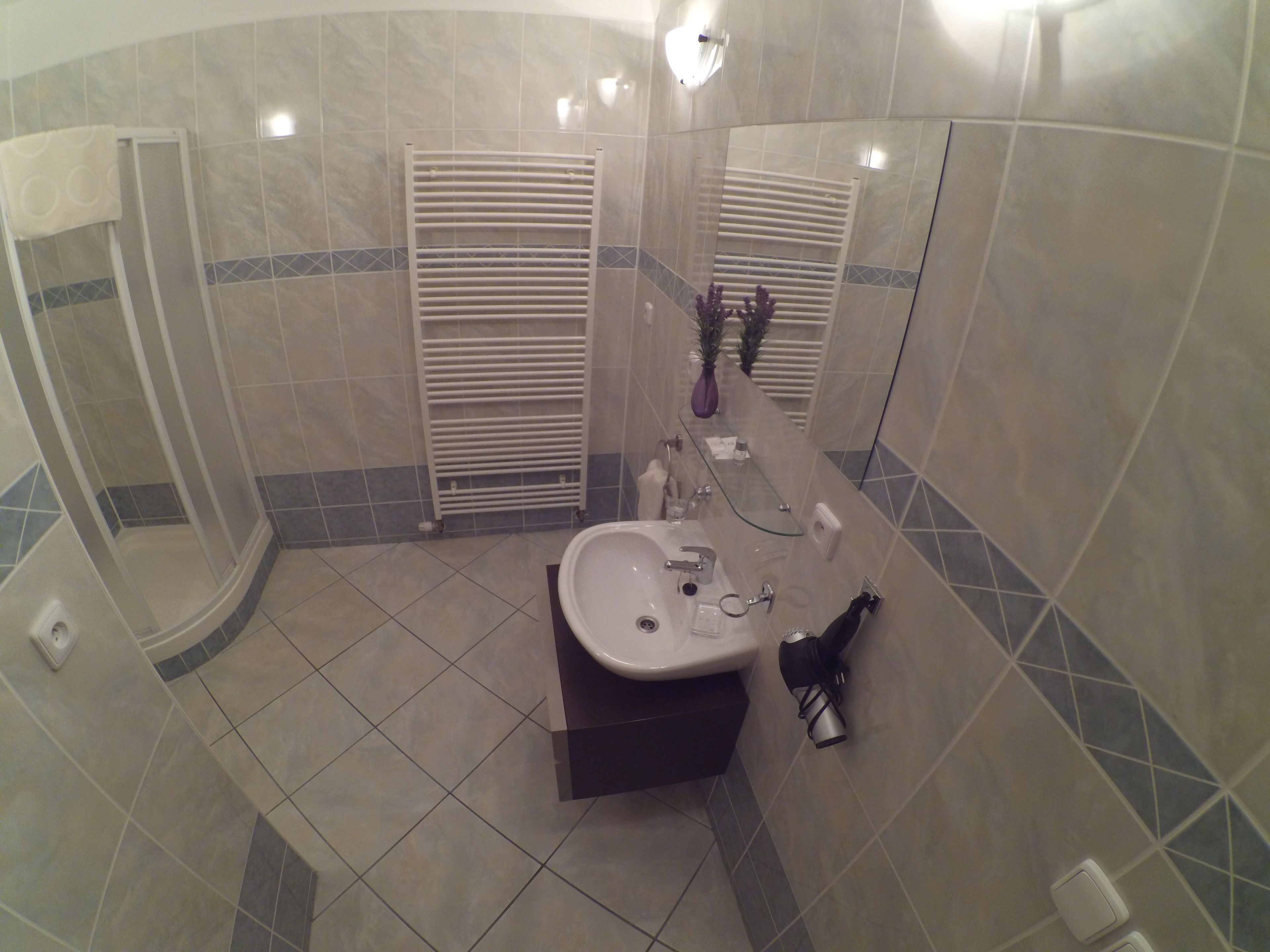 double room | bathroom | hair dryer, towels, soap, toilet paper