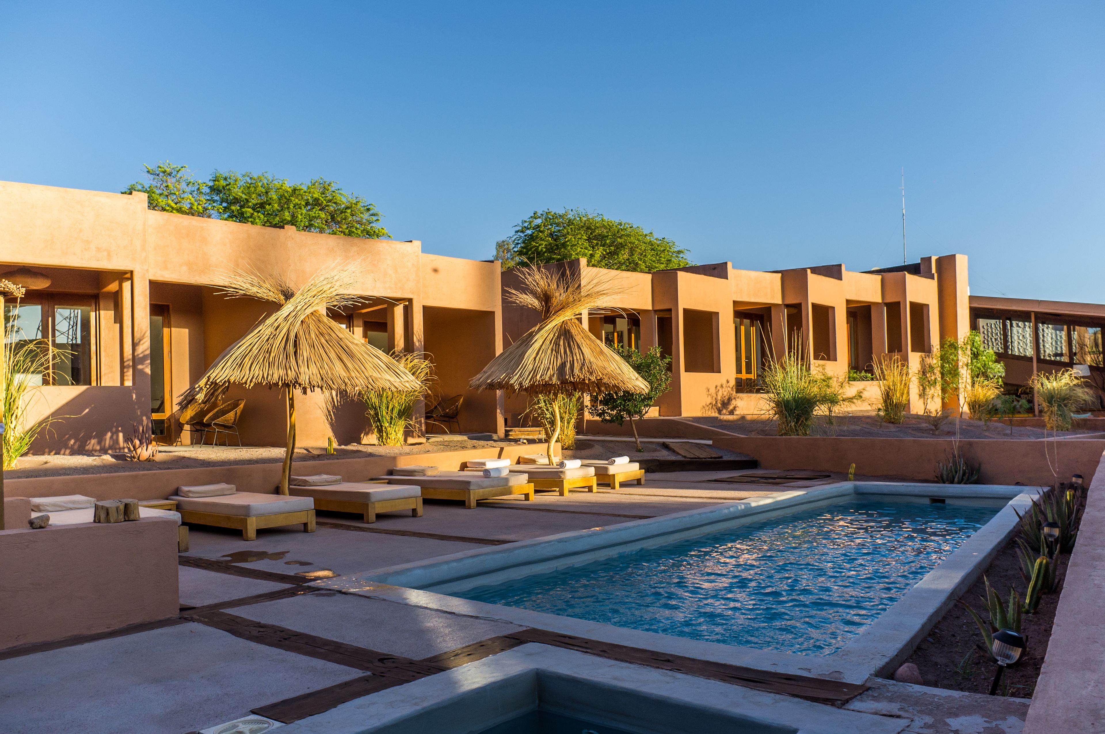 outdoor pool, pool loungers