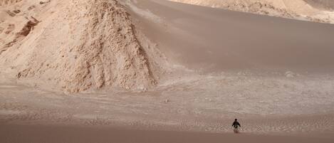 A desert landscape with sand dunes and a person walking.