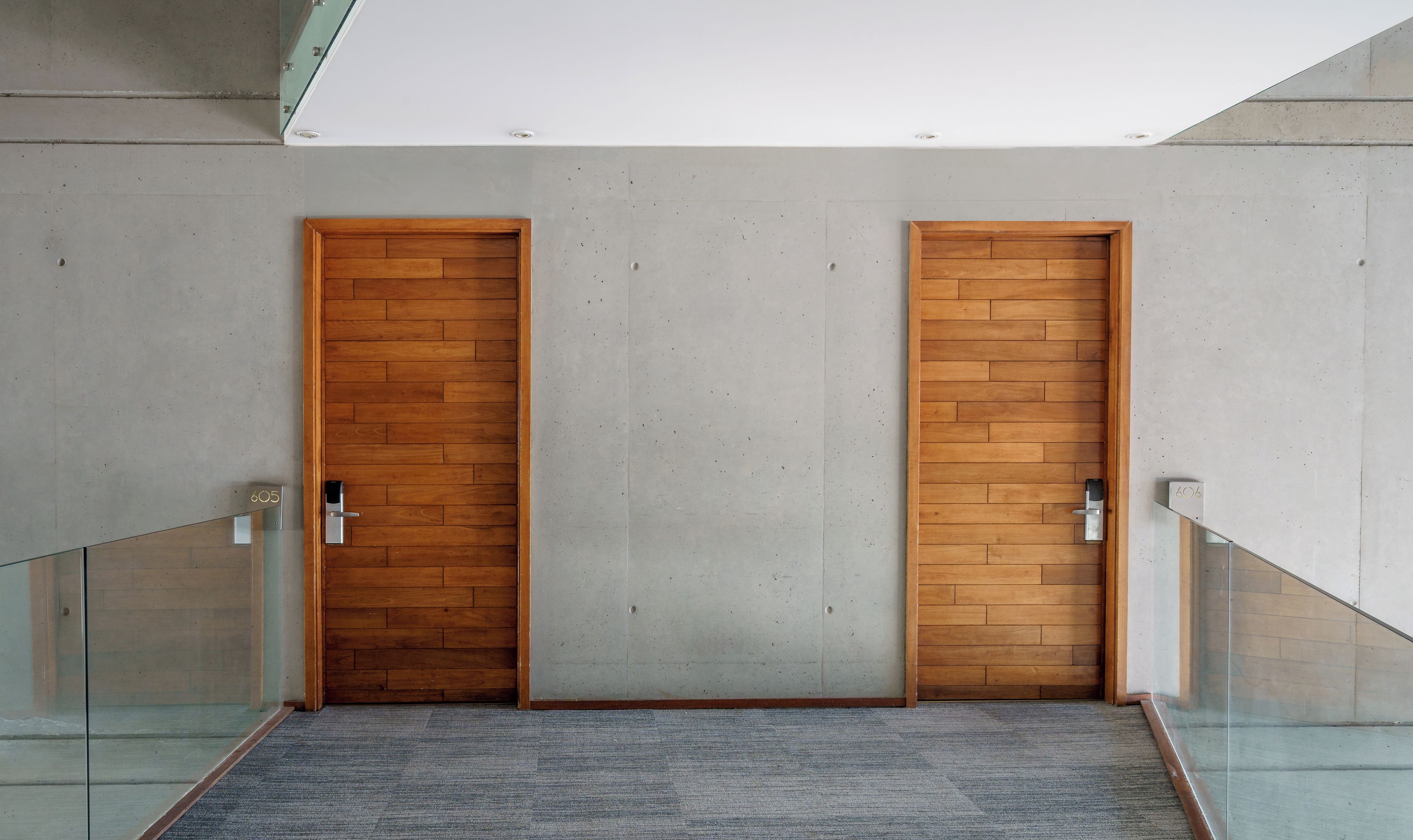 Een modern interieur met twee houten deuren, een glazen balustrade en een vloerbedekking.