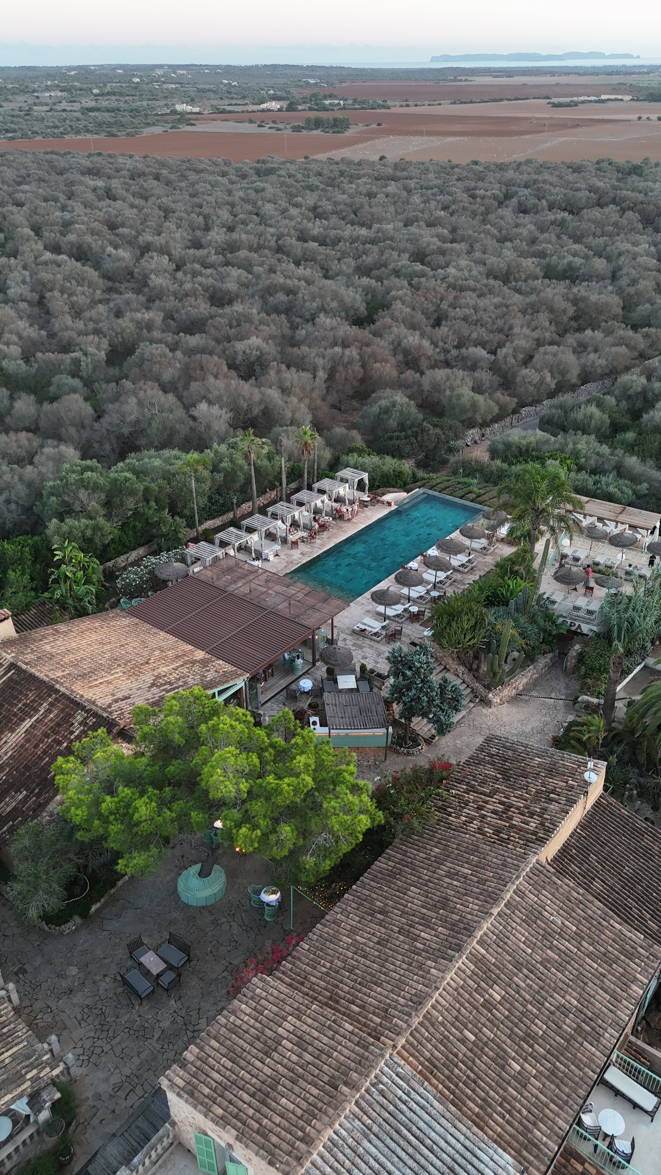 An aerial view of a resort with a swimming pool, lounge areas, and a forested landscape in the background.