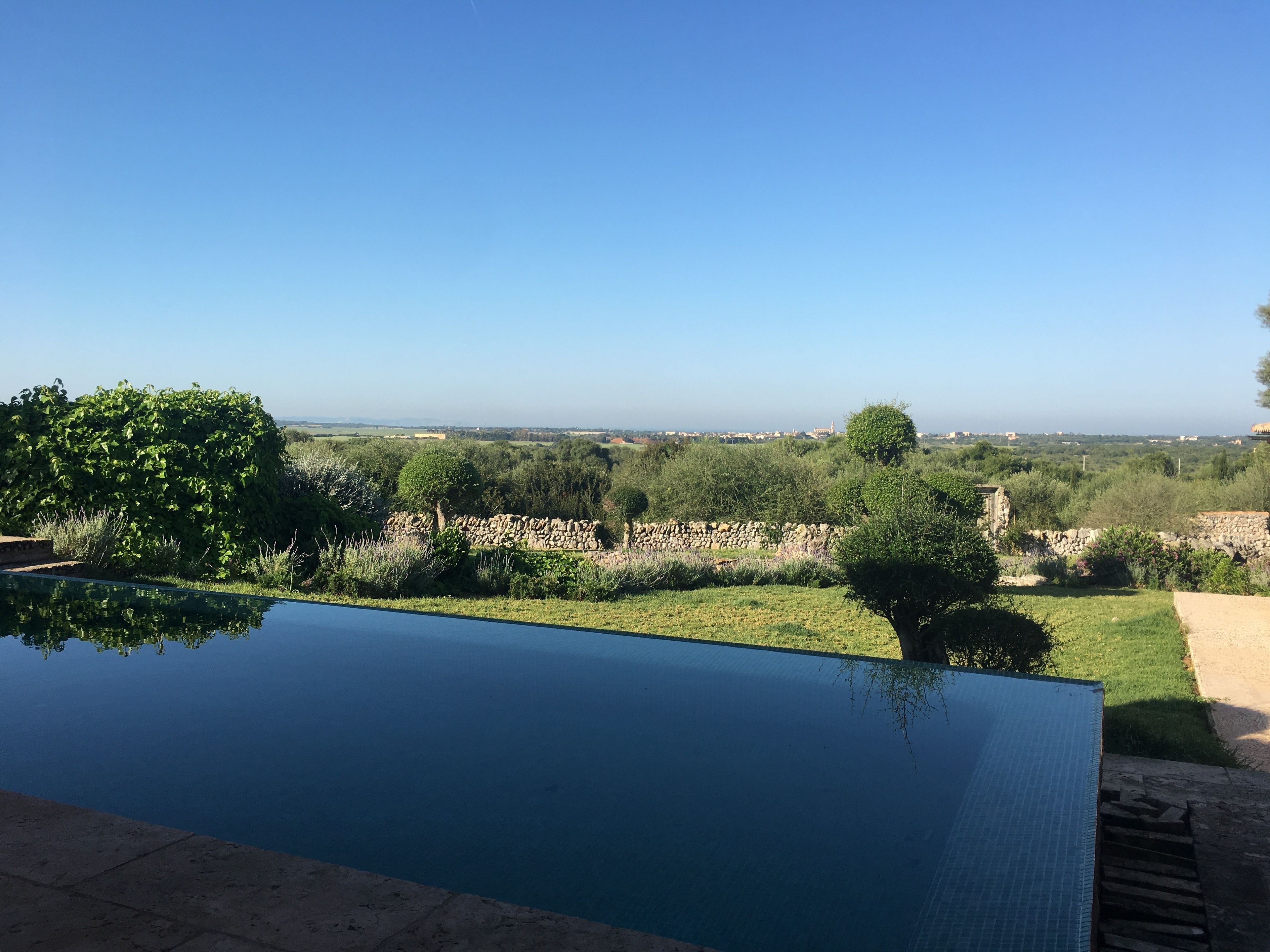 A clear view of a swimming pool with a stone wall and greenery in the background.