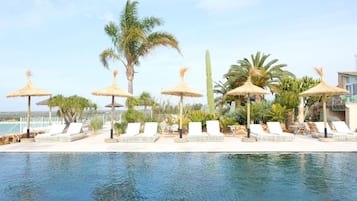 Indoor pool, outdoor pool, pool loungers