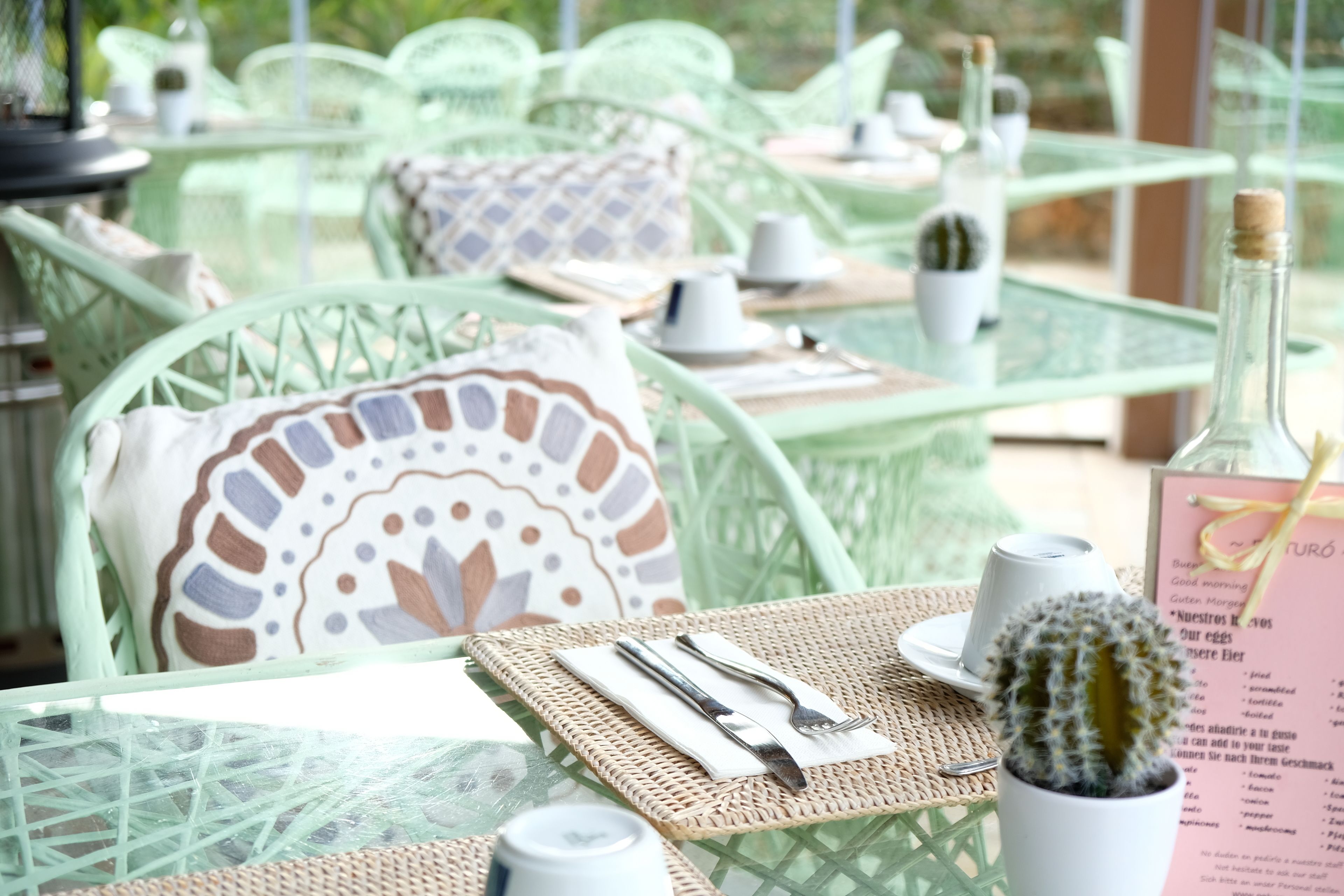 Une table dressée avec des couverts, un menu et un cactus.