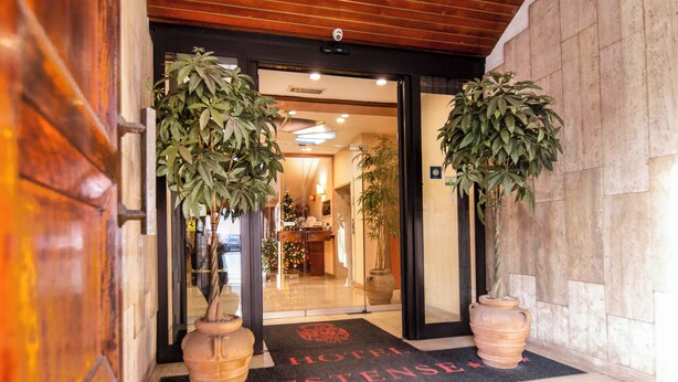 L’entrée d’un hôtel, avec une porte en bois, un paillasson noir portant le nom de l’hôtel et deux grands pots de plantes.