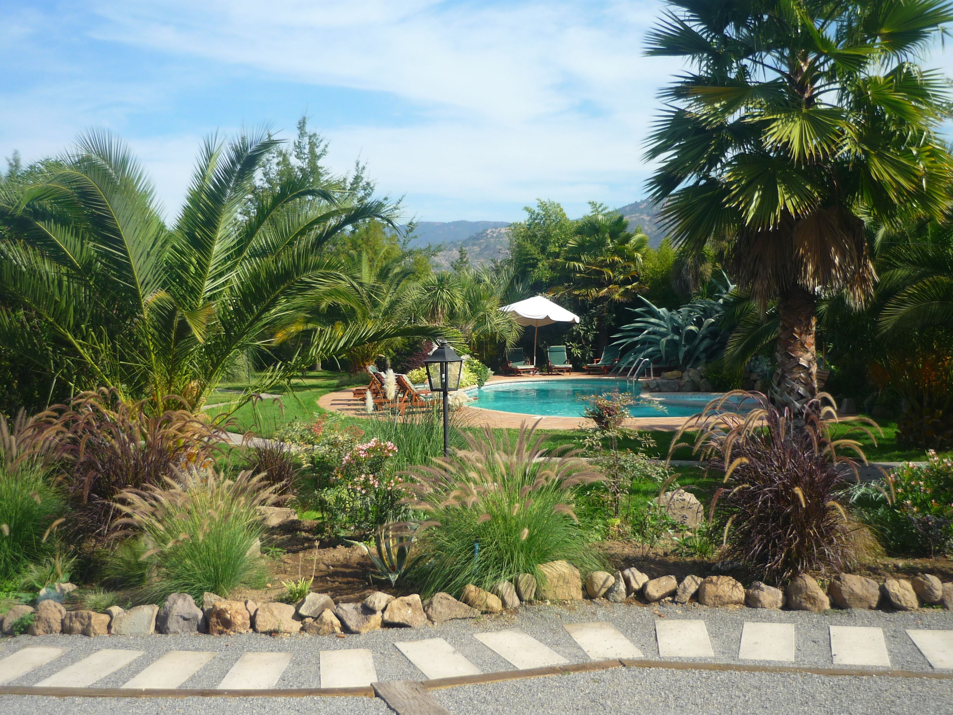 outdoor pool, pool umbrellas, pool loungers