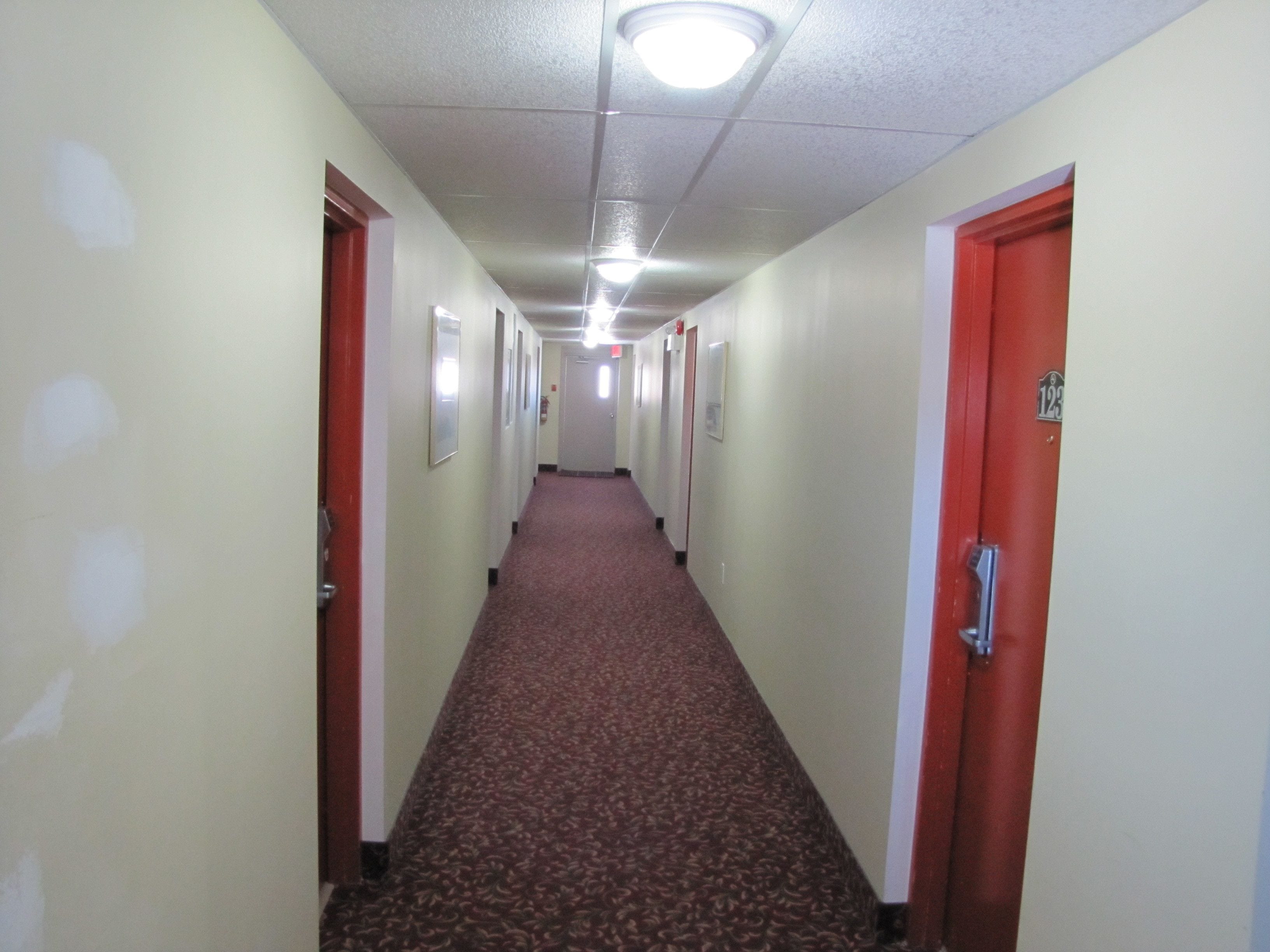 A long, narrow hallway with doors on both sides, carpeted floor, and ceiling lights.