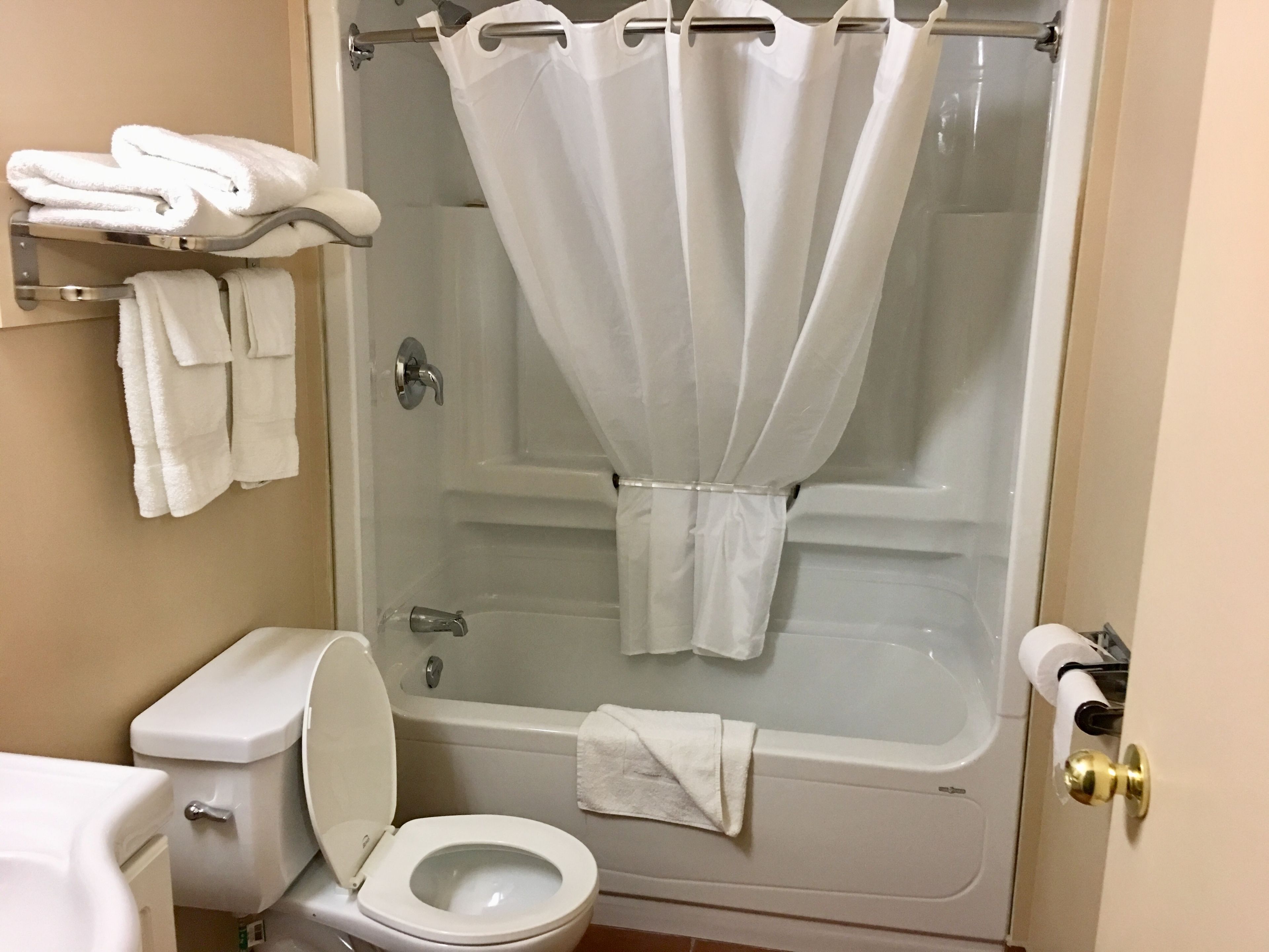 A bathroom with a toilet, a bathtub with a shower curtain, and a towel rack with towels.