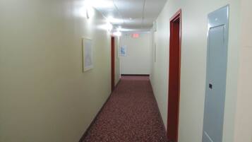A hallway with carpeted floors, white walls, and doors on both sides.