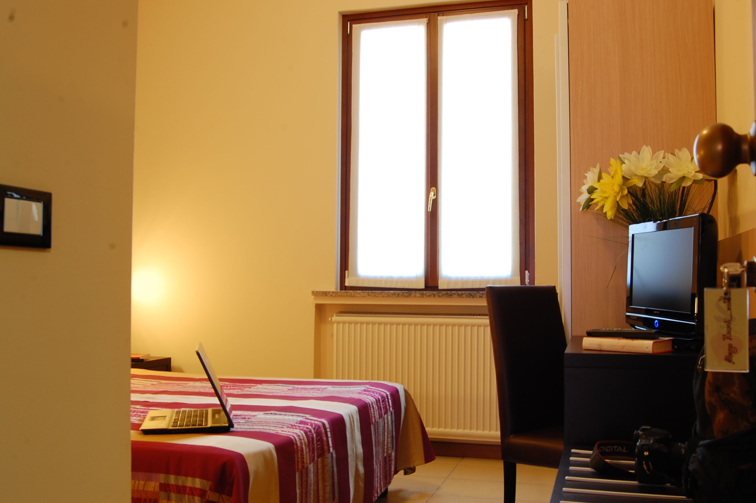 Una habitación con cama, escritorio con computadora, silla, televisión y ventana con flores.