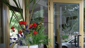 A white planter with red and purple flowers in front of a glass door with a gold frame.