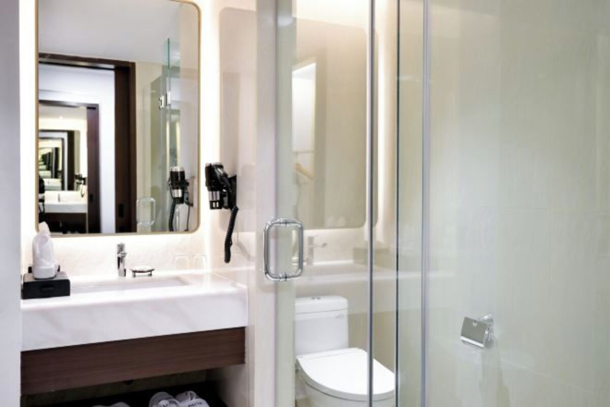 A modern bathroom with a glass shower enclosure, a white sink, and a toilet.