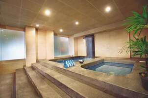 Un área de spa con dos jacuzzis, una escalera y una planta en maceta.