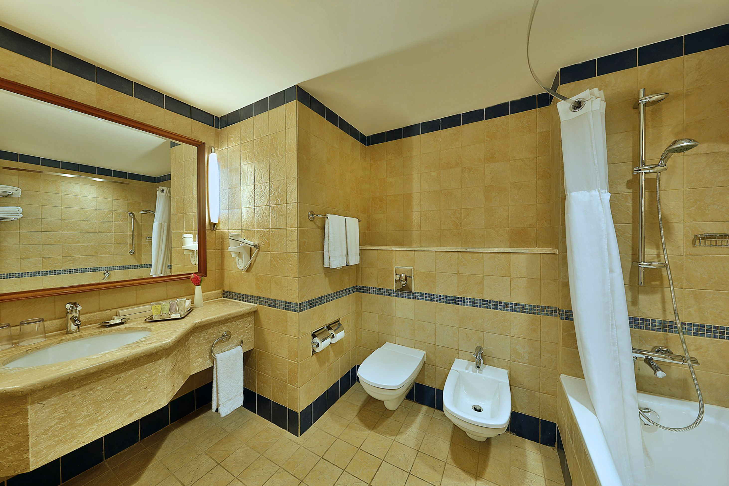 A bathroom with a sink, bidet, toilet, and shower.