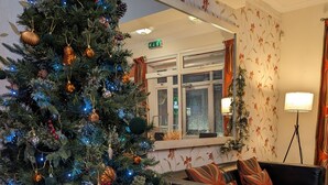 Un árbol de Navidad con adornos y luces, un sofá de cuero negro, una alfombra estampada y un espejo que refleja la habitación.