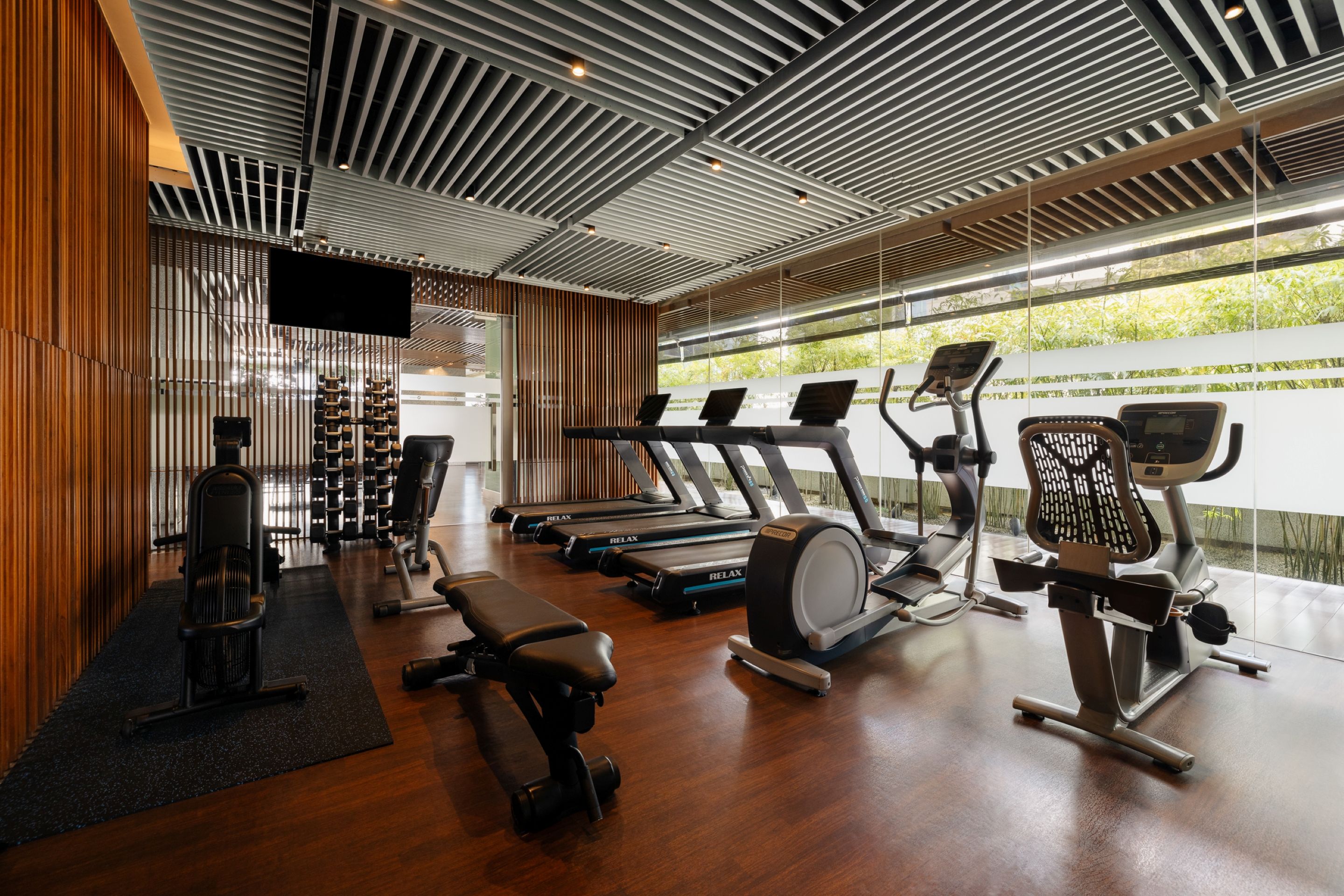 A modern gym with treadmills, weight machines, and a rowing machine.