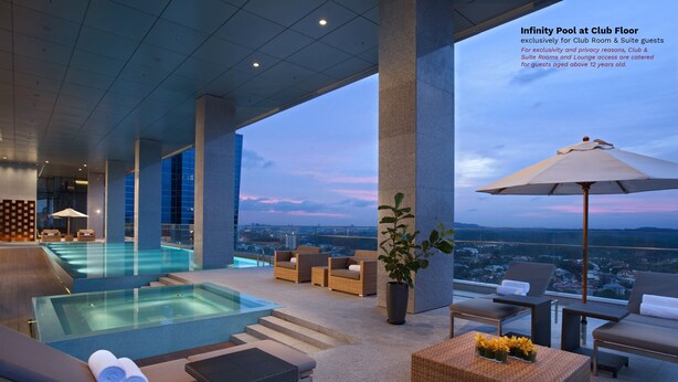Una piscina infinita en la azotea con vistas a la ciudad, sillas de descanso y una planta en maceta.
