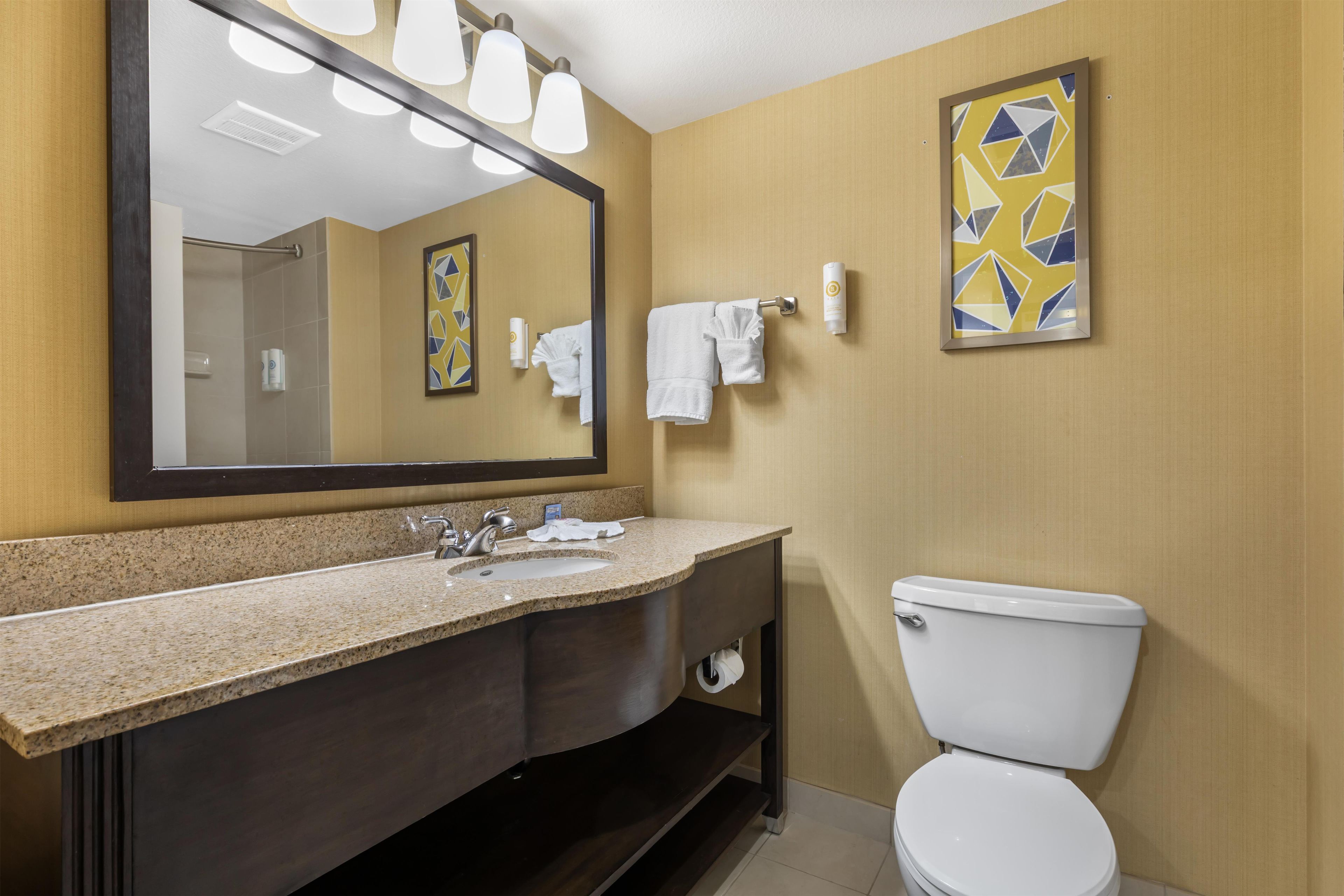 Une salle de bain avec un lavabo doté d’un plan de travail en granit, un miroir, des toilettes et un porte-serviettes.