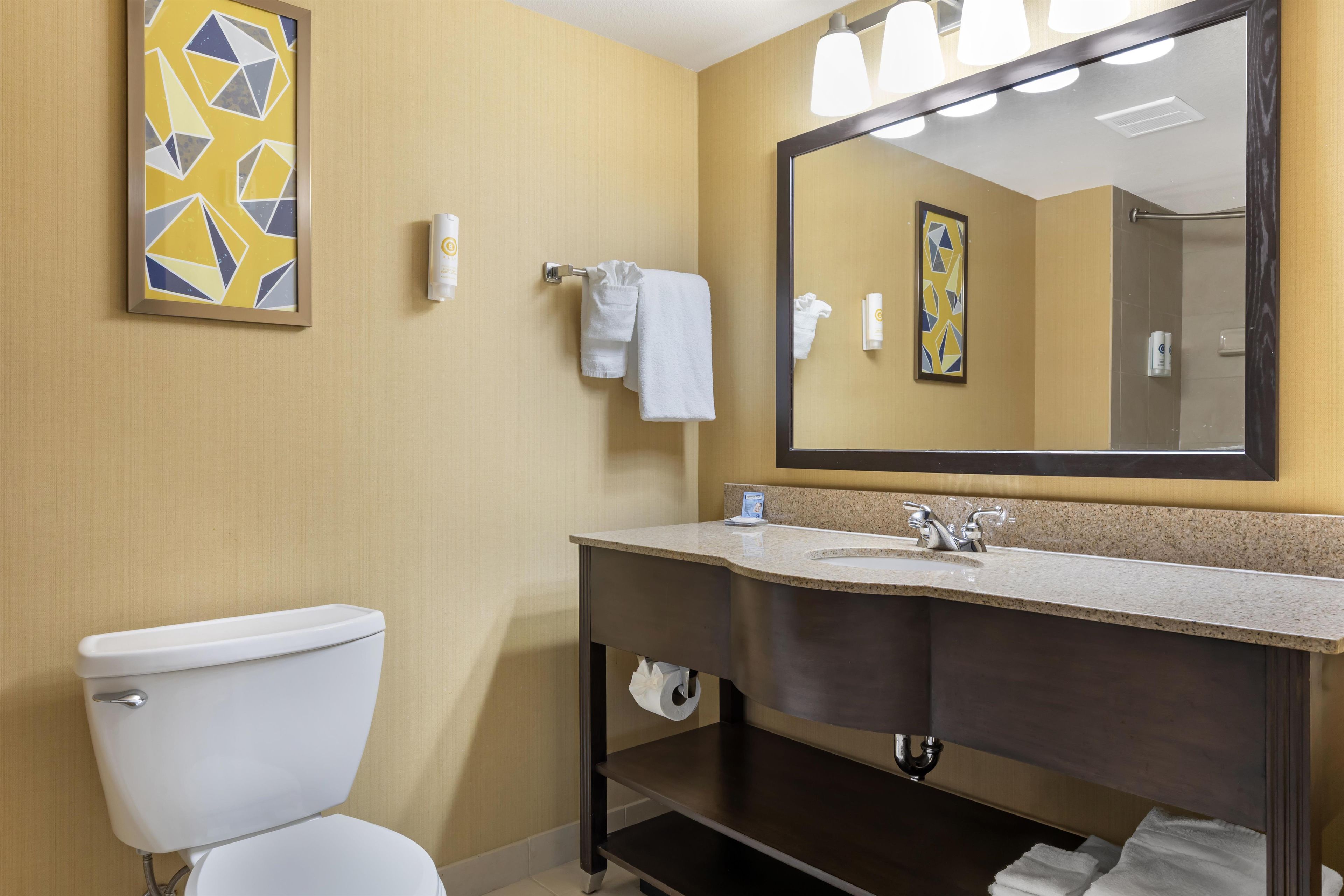 Une salle de bain d’hôtel équipée de toilettes, d’un lavabo et d’un miroir.