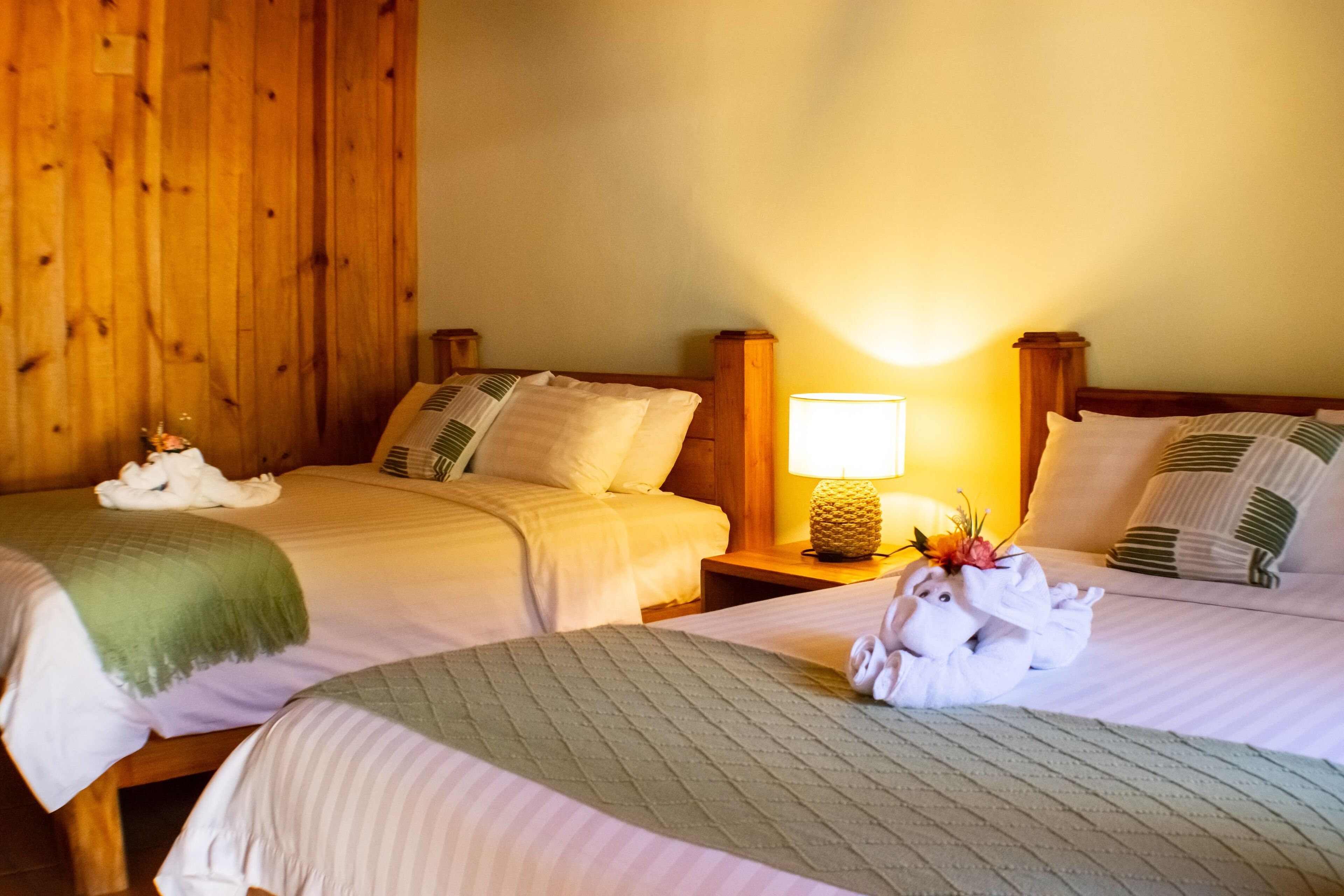 Habitación de hotel con dos camas, cabeceros de madera, una mesita de noche con lámpara y toallas sobre las camas.