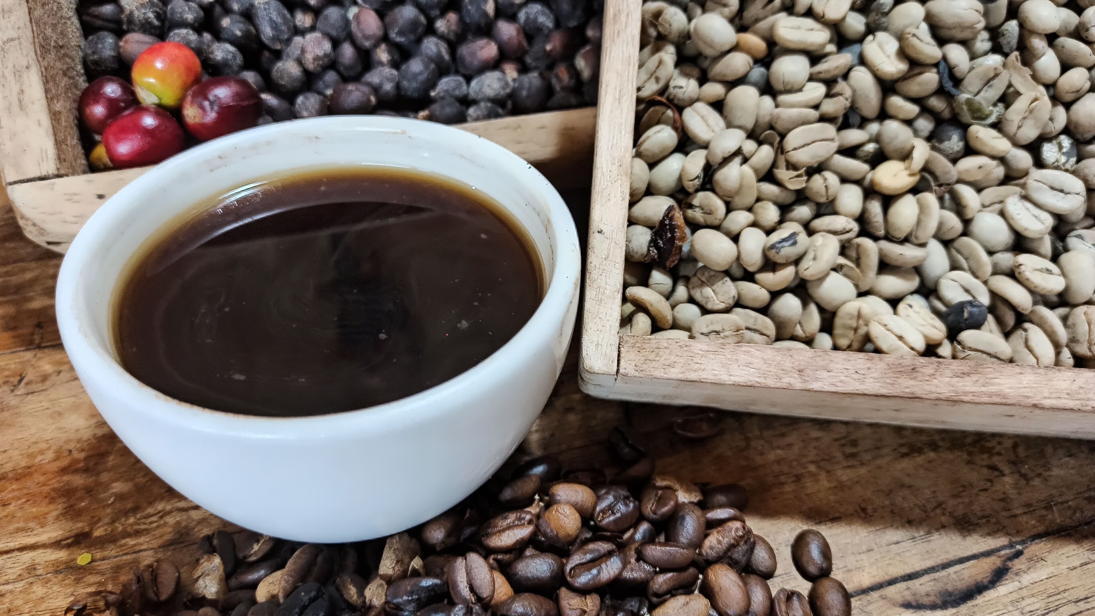 Un tazón blanco con un líquido oscuro, probablemente café, rodeado de granos de café y frutas.
