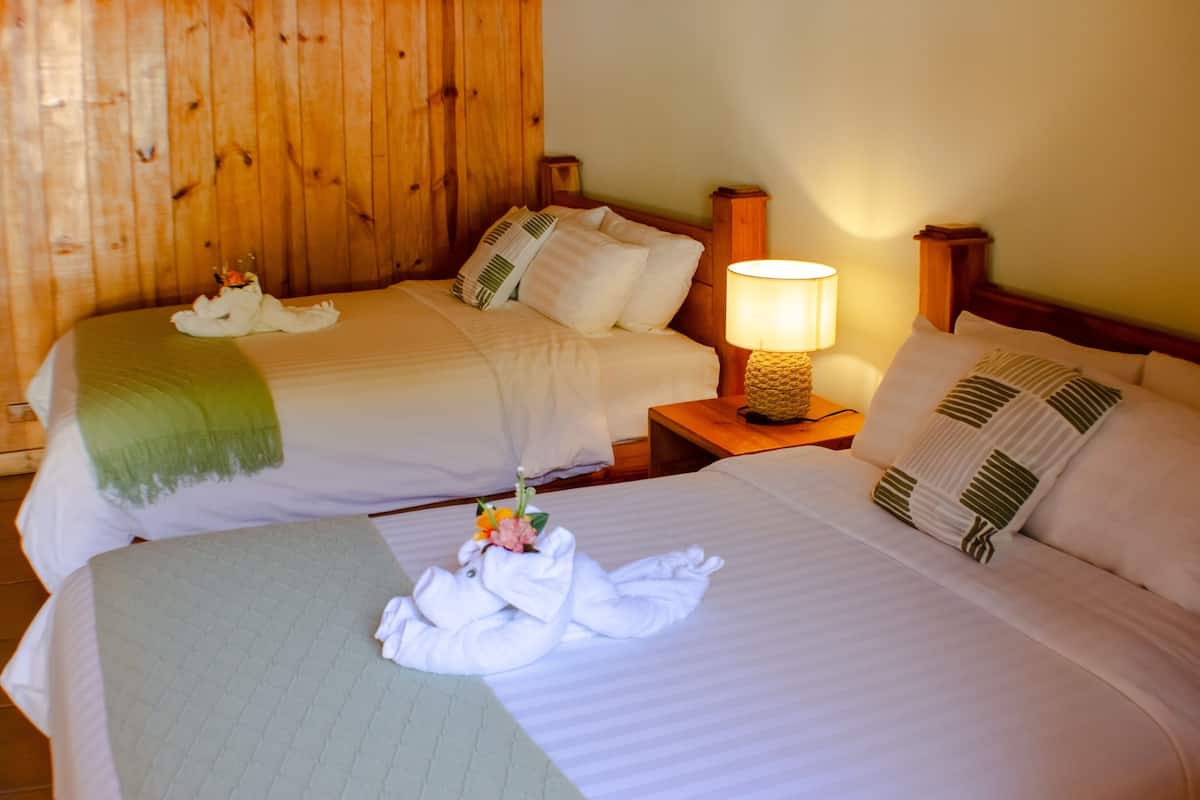 Una habitación de hotel con dos camas, cabeceros de madera y una lámpara de noche.